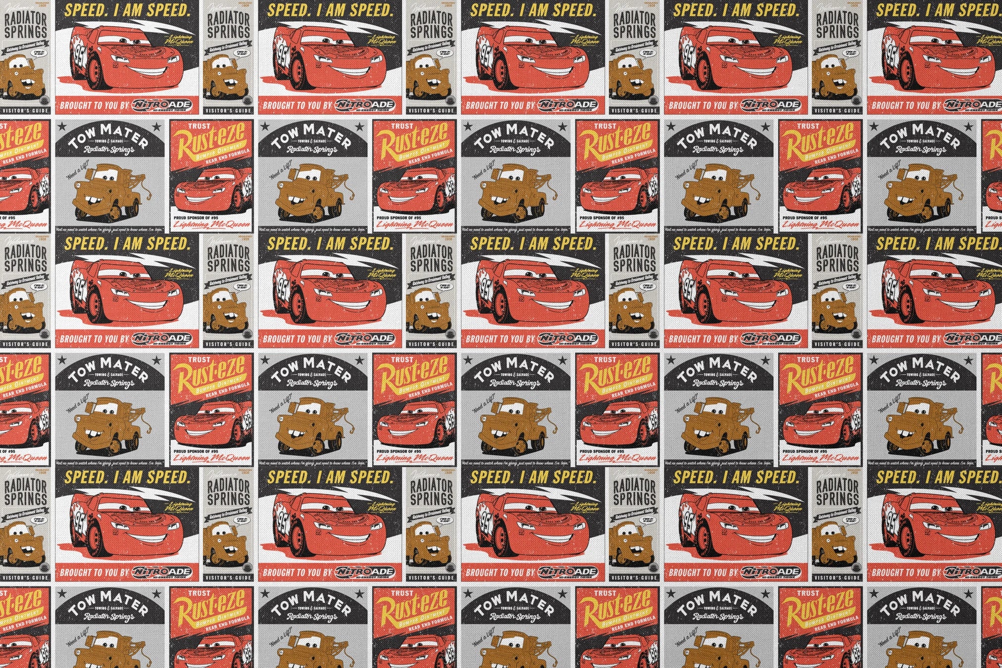 Cars merchandise posters featuring red race car saying "Speed. I am speed." and brown tow truck character with "Tow Mater" in vintage advertising style designs flat mockup