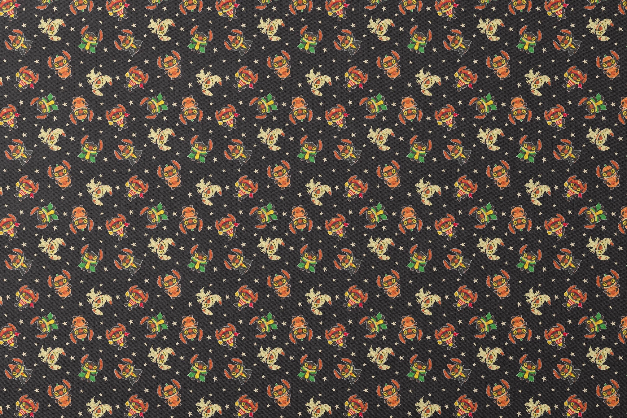 Pattern of Stitch in vibrant colors on black background with stars designs flat mockup