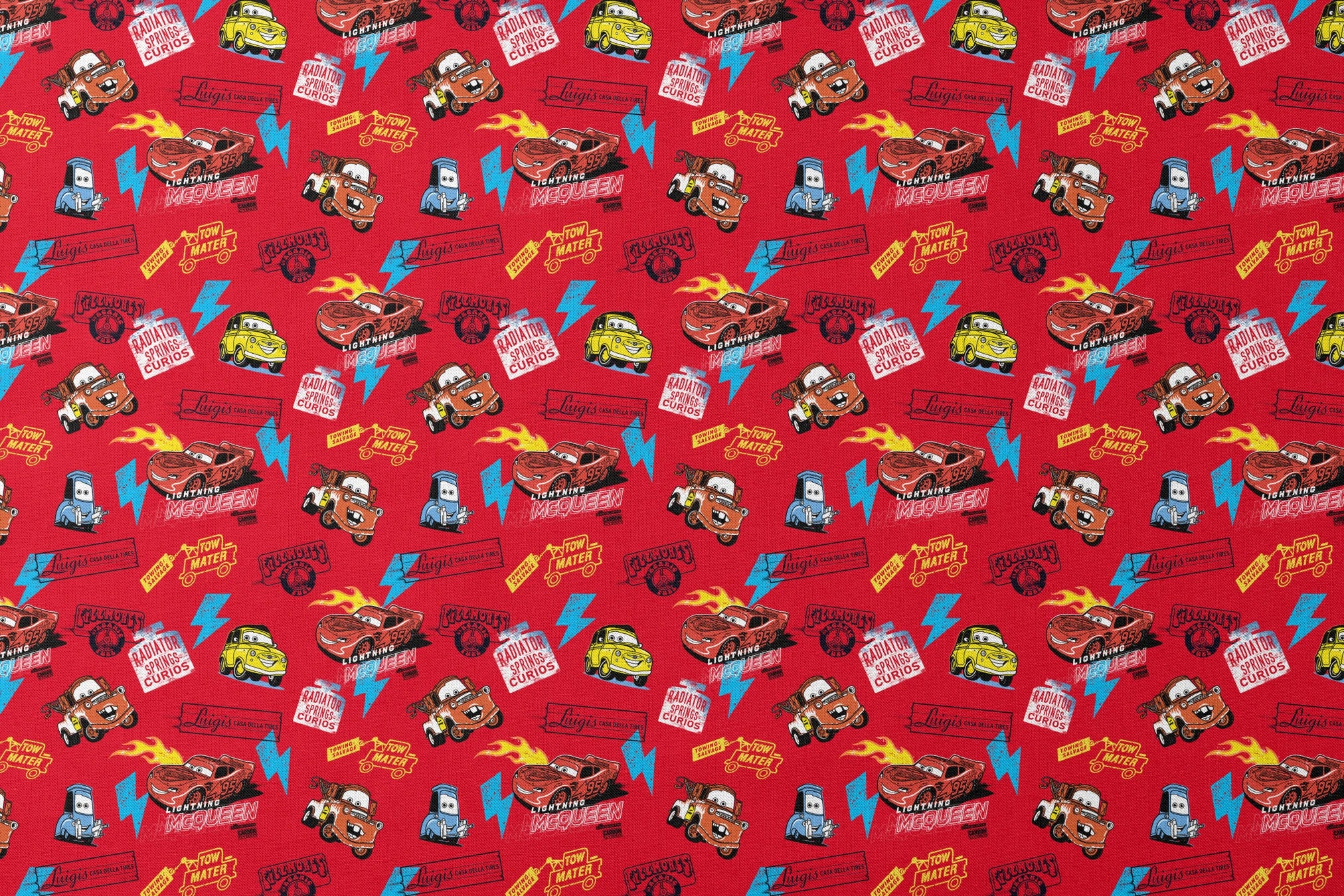 Colorful Disney Cars pattern featuring Lightning McQueen and Mater on vibrant red background with logos designs flat mockup