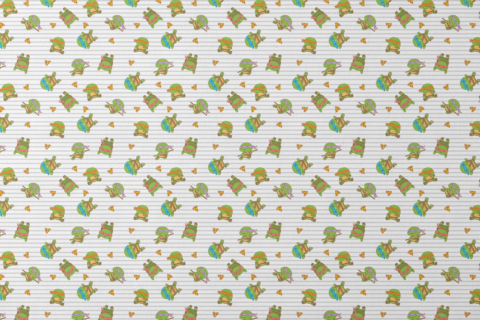 Teenage Mutant Ninja Turtles in various poses with pizza slices on gray striped background designs flat mockup