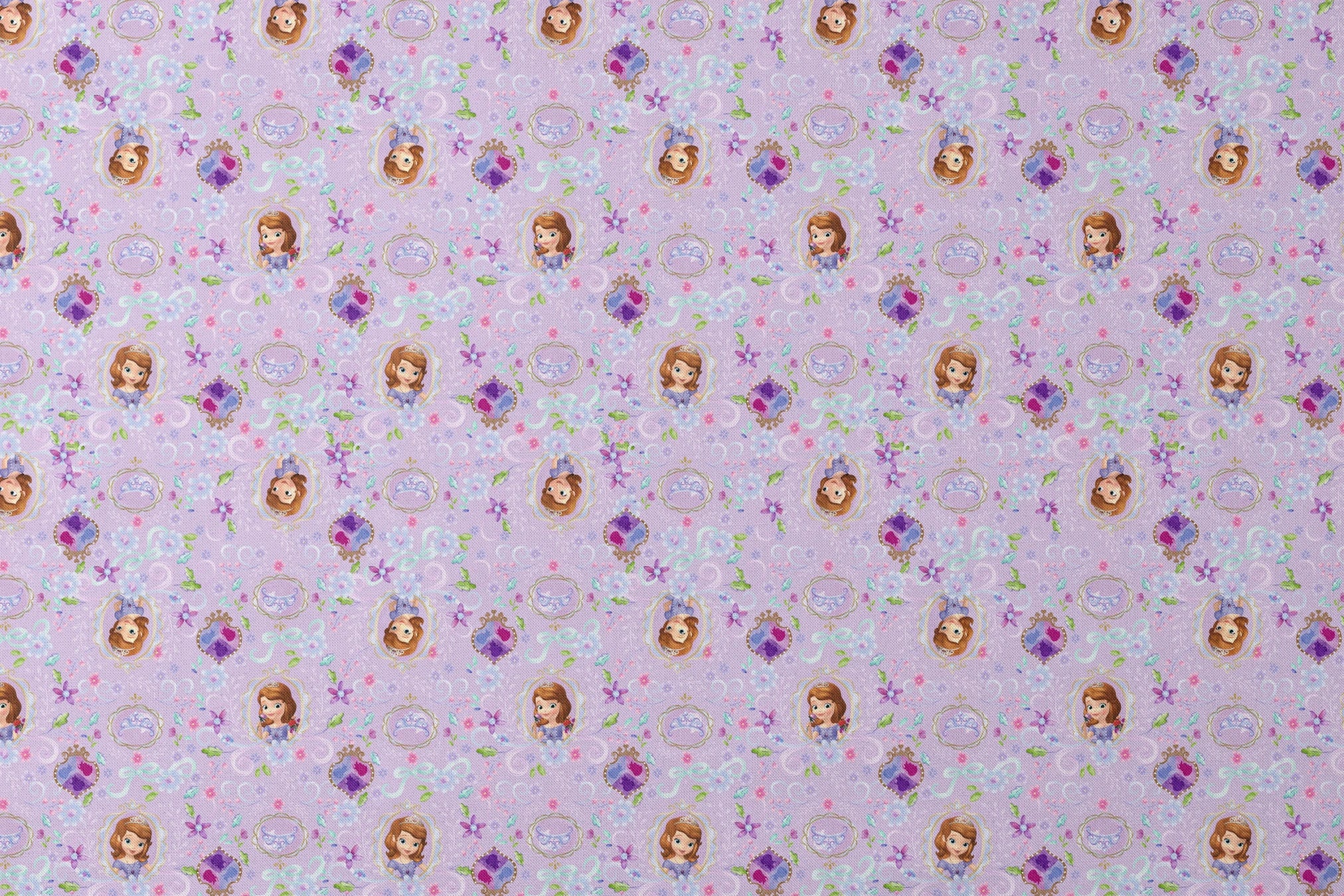 Princess Sofia pattern with purple flowers and swirls on lavender background designs flat mockup