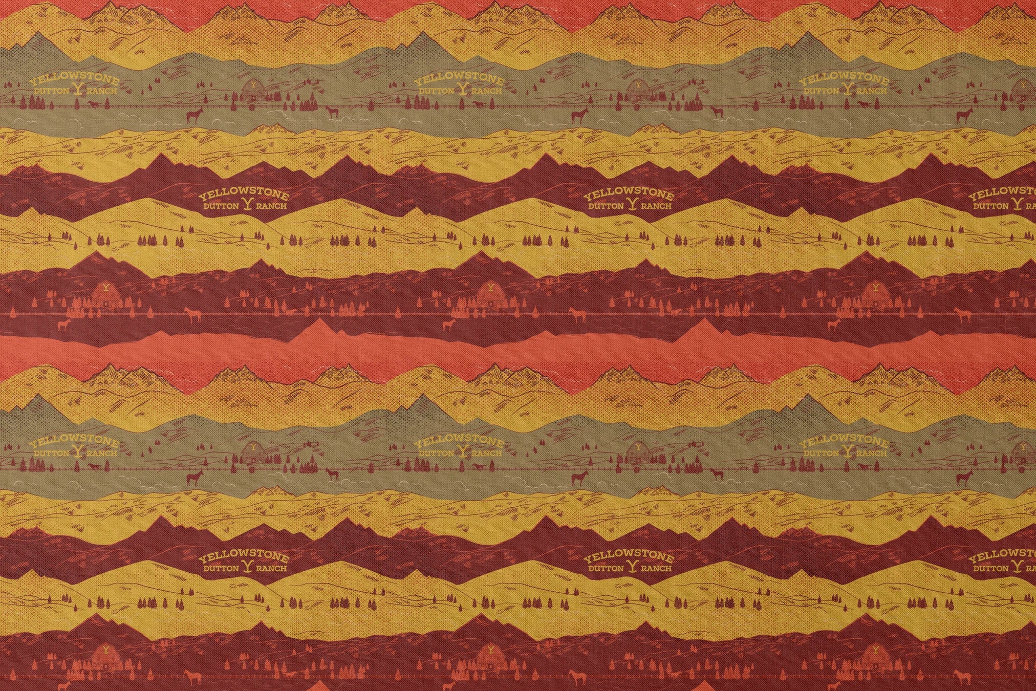 Layered mountain landscape in red, gold, and brown with "Yellowstone Cotton Ranch" text and silhouetted trees and wildlife. designs flat mockup