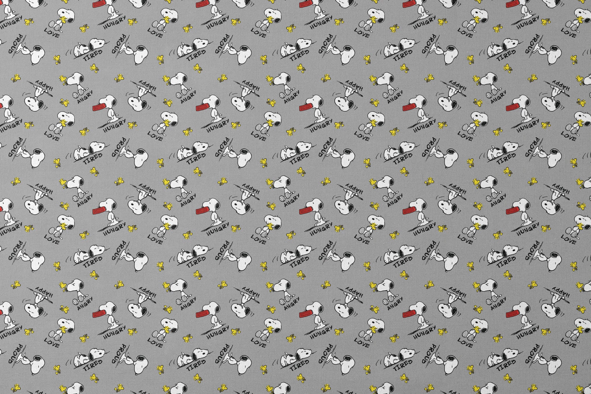 Snoopy cartoon pattern on gray background with emotions like "Hungry" and "Love" with Woodstock designs flat mockup