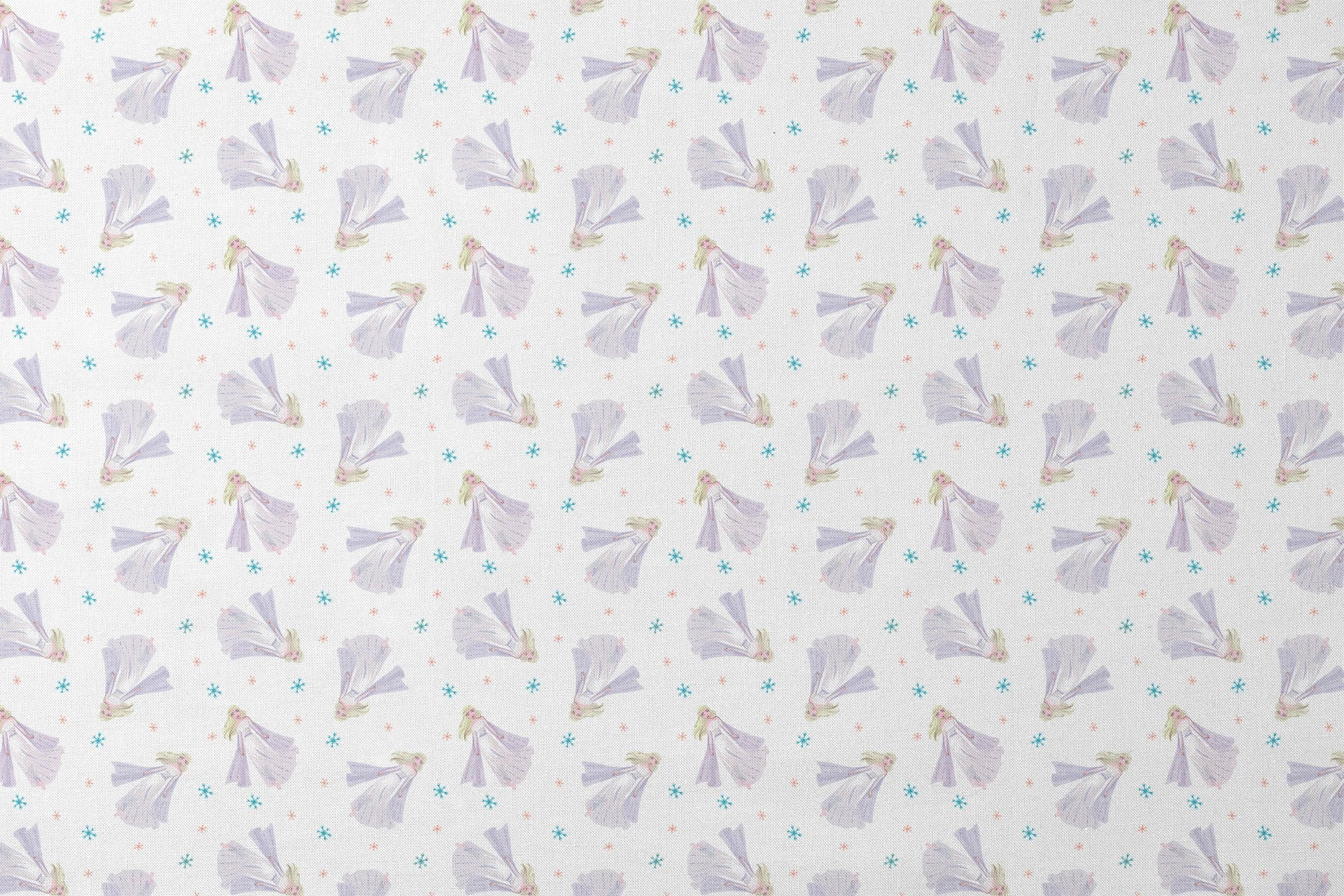 Whimsical pattern of Elsa with colorful snowflakes on white background designs flat mockup