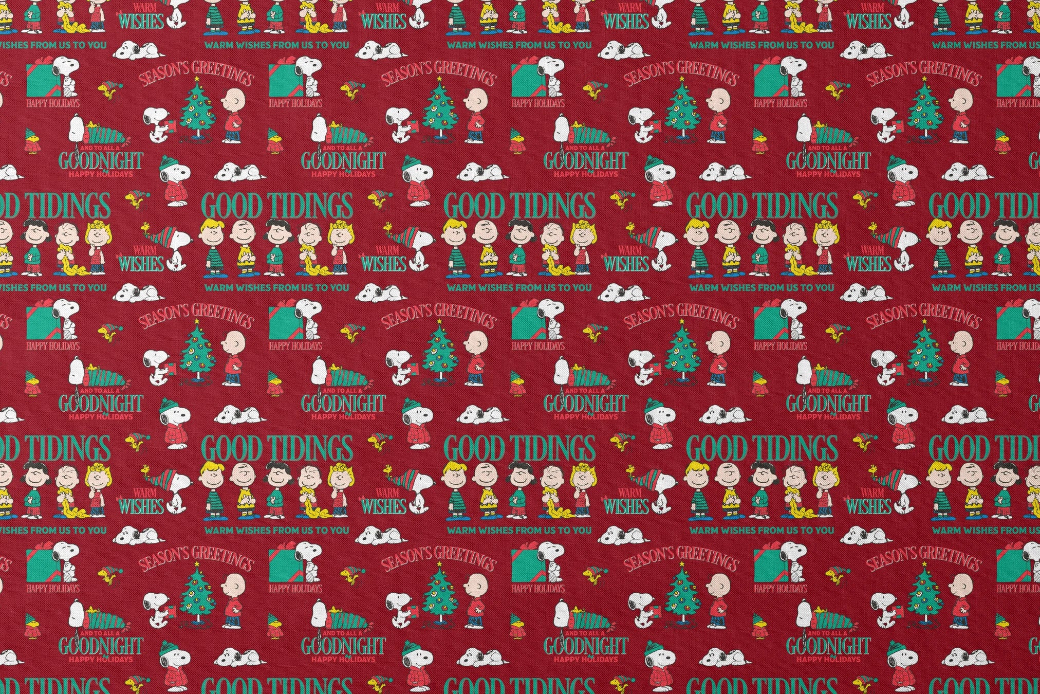 Colorful Peanuts Christmas pattern with Snoopy, Woodstock, and friends with holiday phrases on red background designs flat mockup