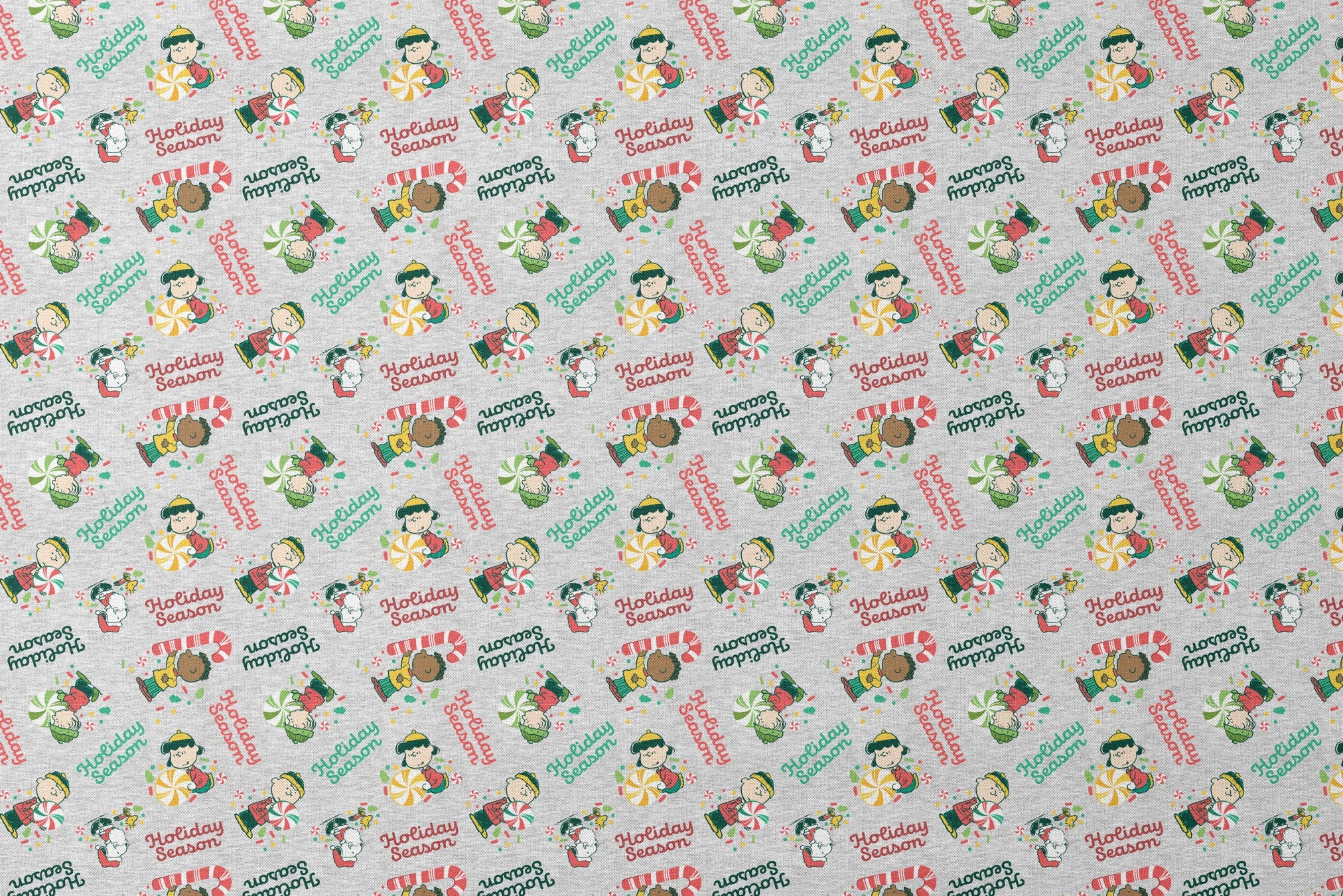 Festive Peanuts characters with candy canes and peppermints on gray background with "Holiday Season" text designs flat mockup