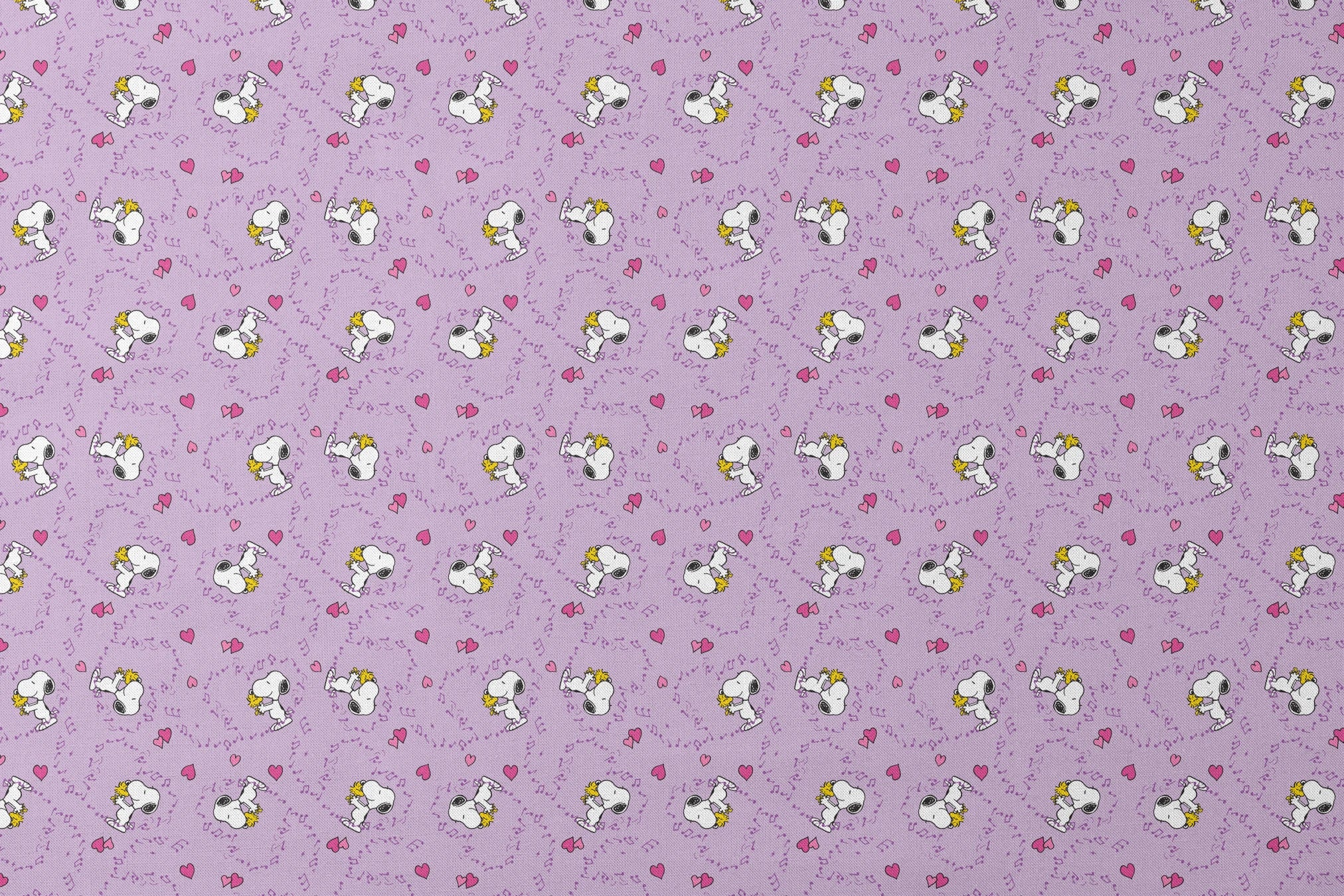 Snoopy and Woodstock on purple background with pink hearts and music notes designs flat mockup