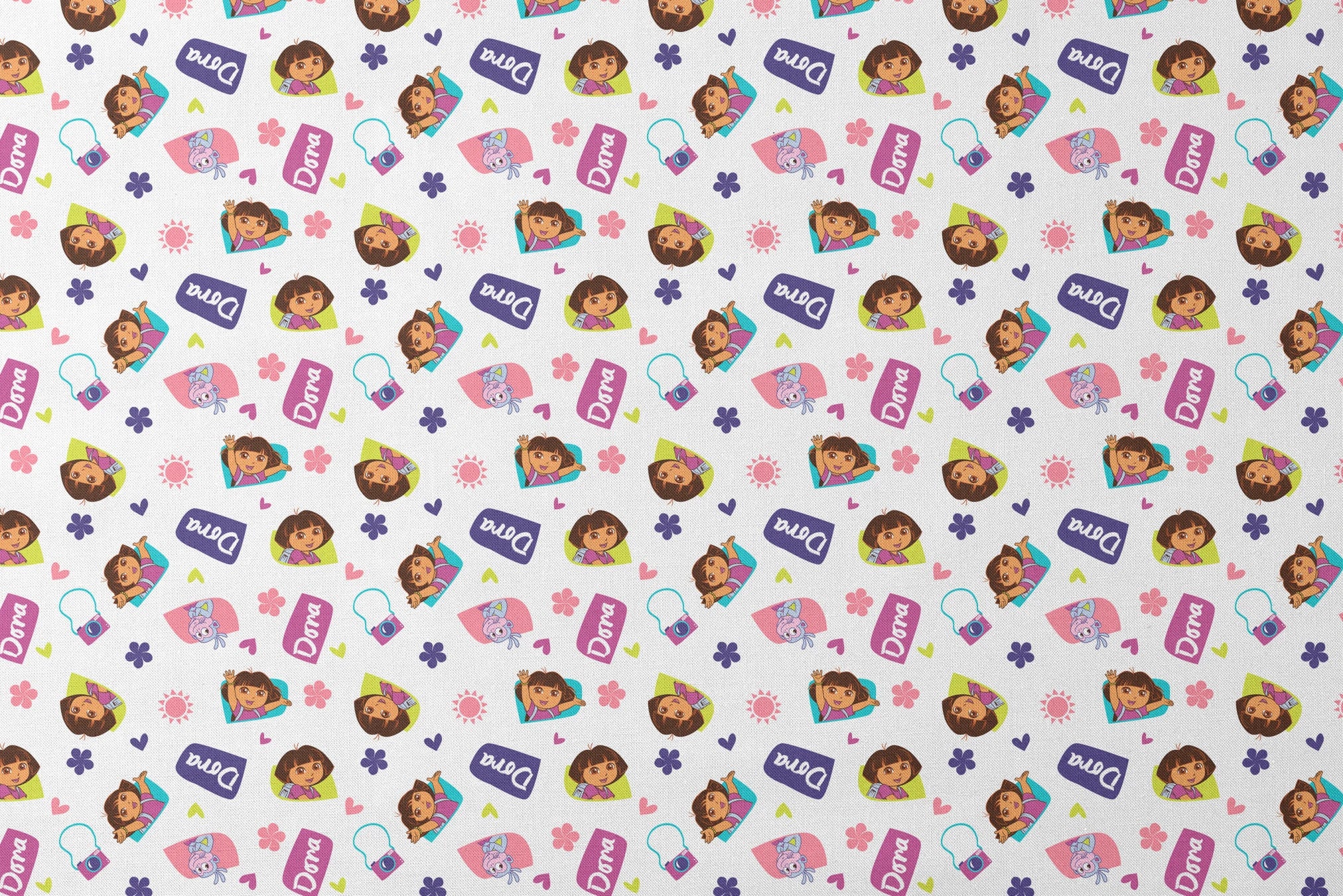 Cartoon pattern featuring Dora the Explorer characters, purple logos, pink hearts, and flowers on white background. designs flat mockup