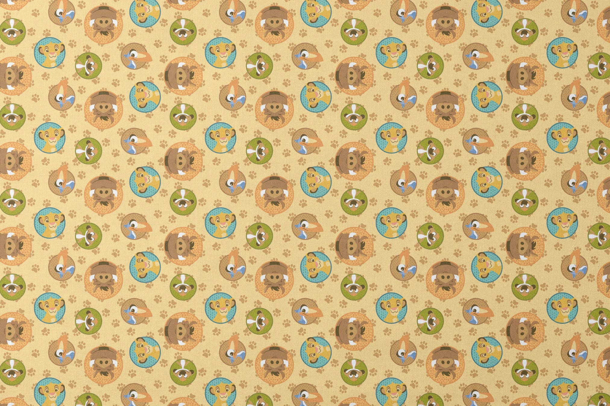 Cartoon animal faces in circular frames on beige background with paw prints - lion, monkey, dog, bird designs flat mockup