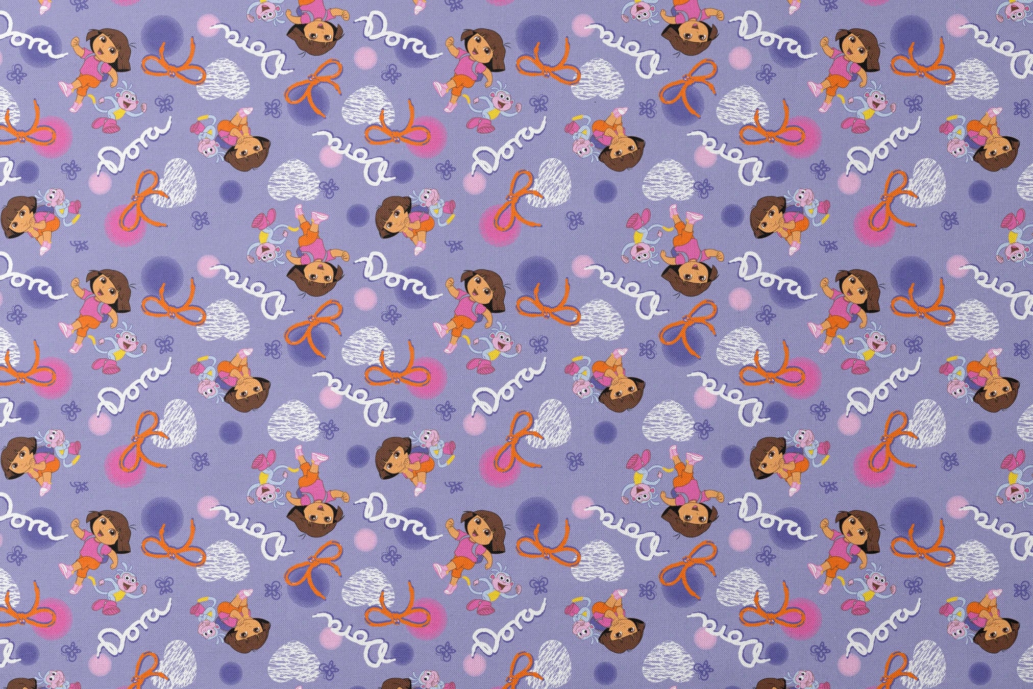 Cartoon pattern featuring Dora the Explorer, Boots the monkey, and other characters on purple background with bows and clouds. designs flat mockup