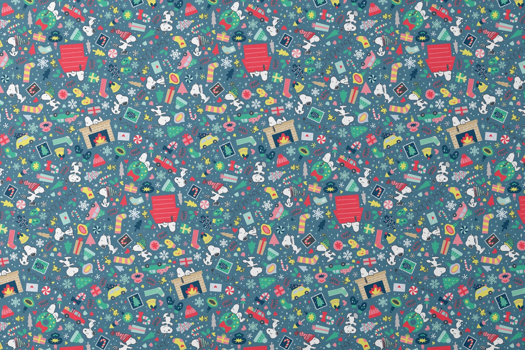 Colorful Peanuts Christmas pattern with festive icons, red mailboxes, presents, houses, and holiday symbols on teal background designs flat mockup