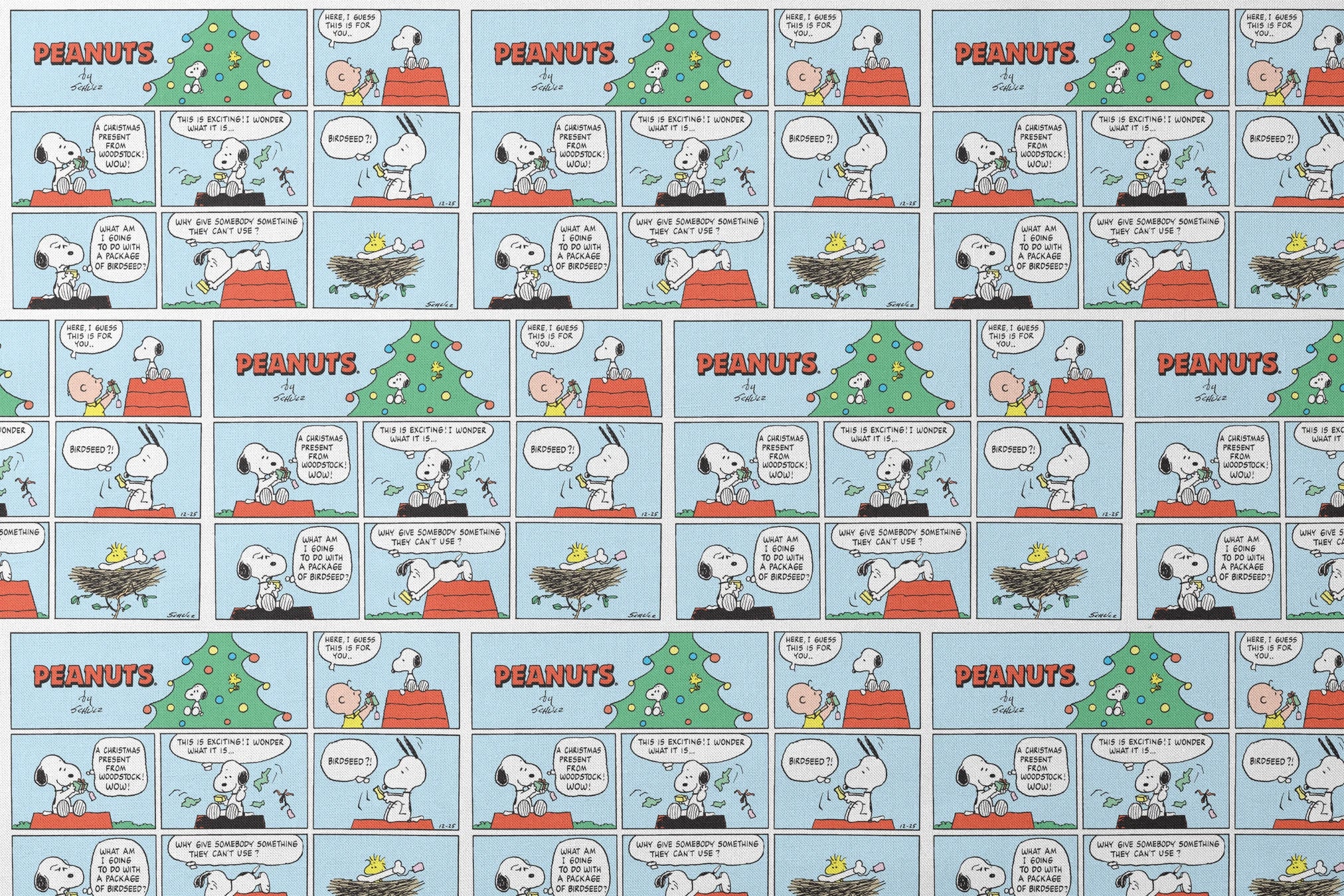 This is a Peanuts comic strip featuring Snoopy on his red doghouse with a Christmas tree visible. The panels show Snoopy preparing and decorating his doghouse for the holidays, with his yellow bird friend Woodstock appearing in a nest with Christmas lights. designs flat mockup