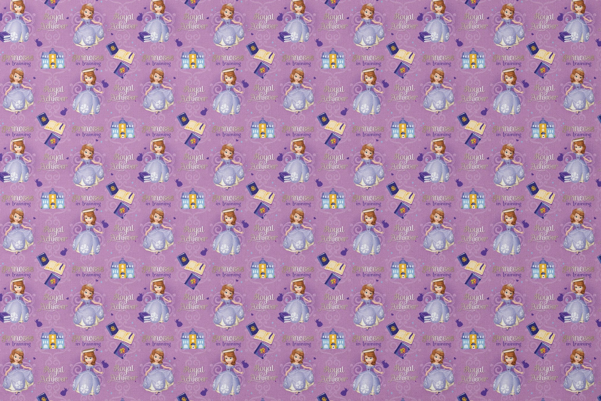 Princess Sofia pattern with "Royal Achiever" and "Princess in Training" text, purple background with castles and books designs flat mockup