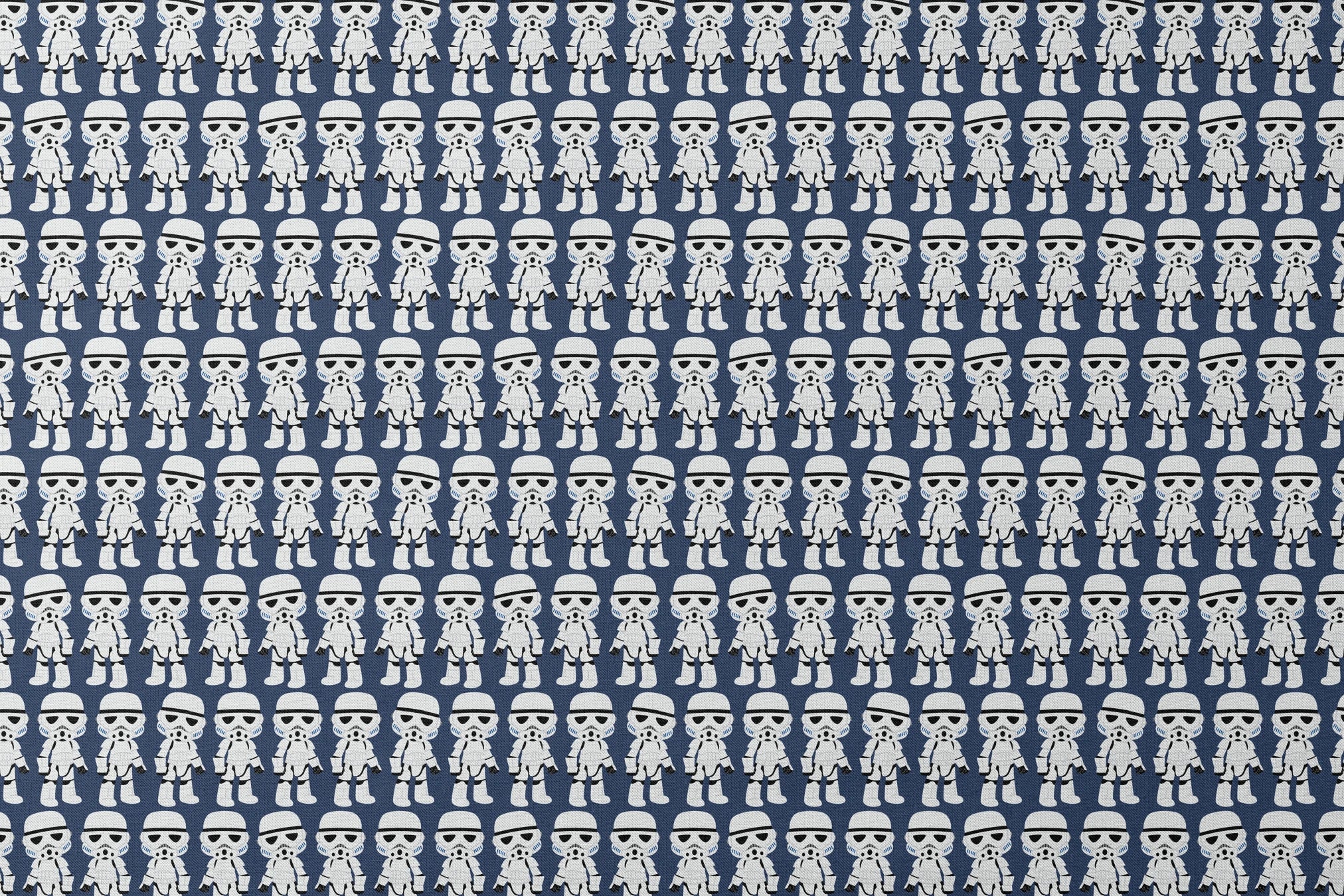 Repeated pattern of cartoon Stormtrooper characters in white armor against dark blue background designs flat mockup
