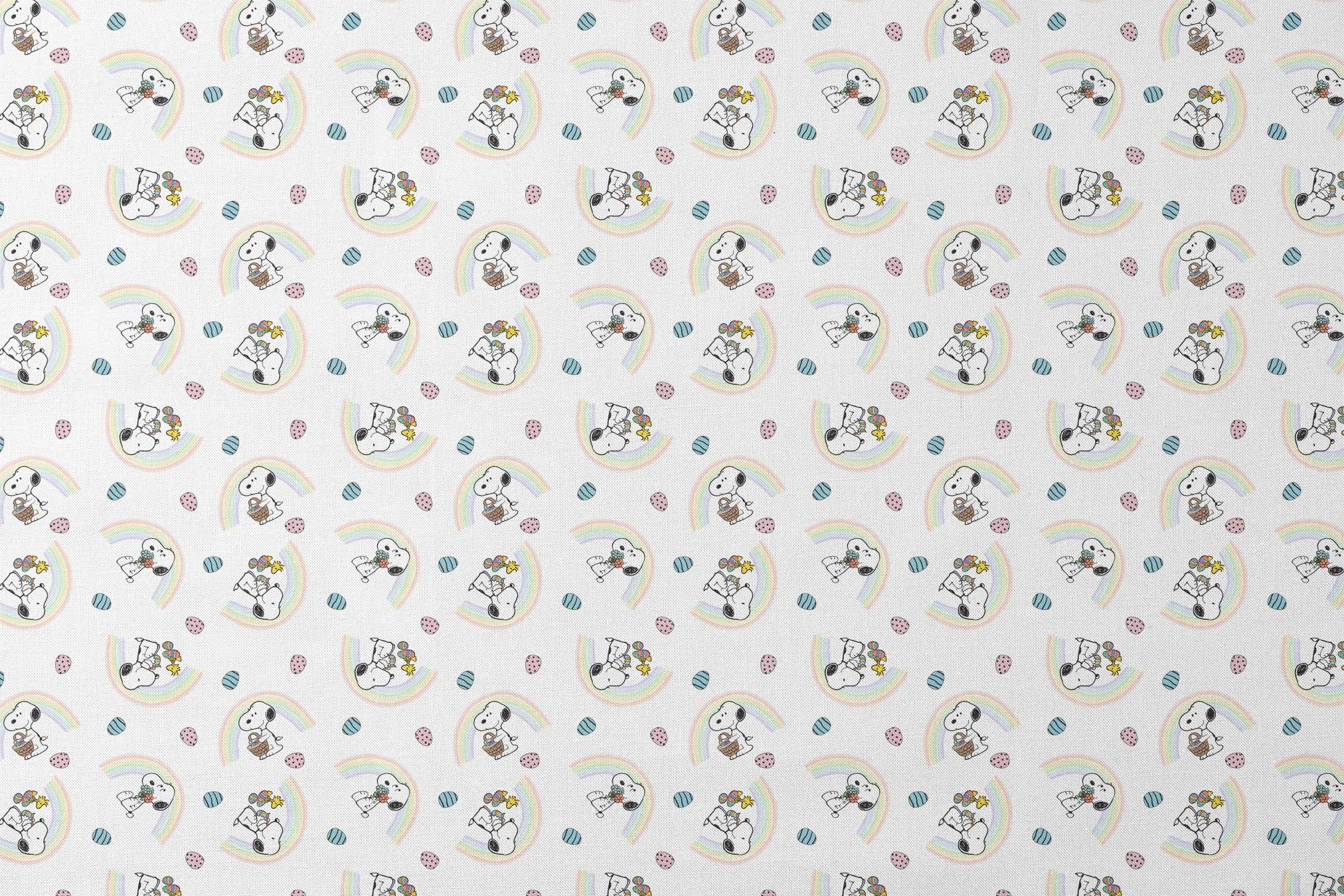 Snoopy pattern with Easter eggs, rainbows, and Woodstock, featuring Snoopy holding flowers and baskets designs flat mockup