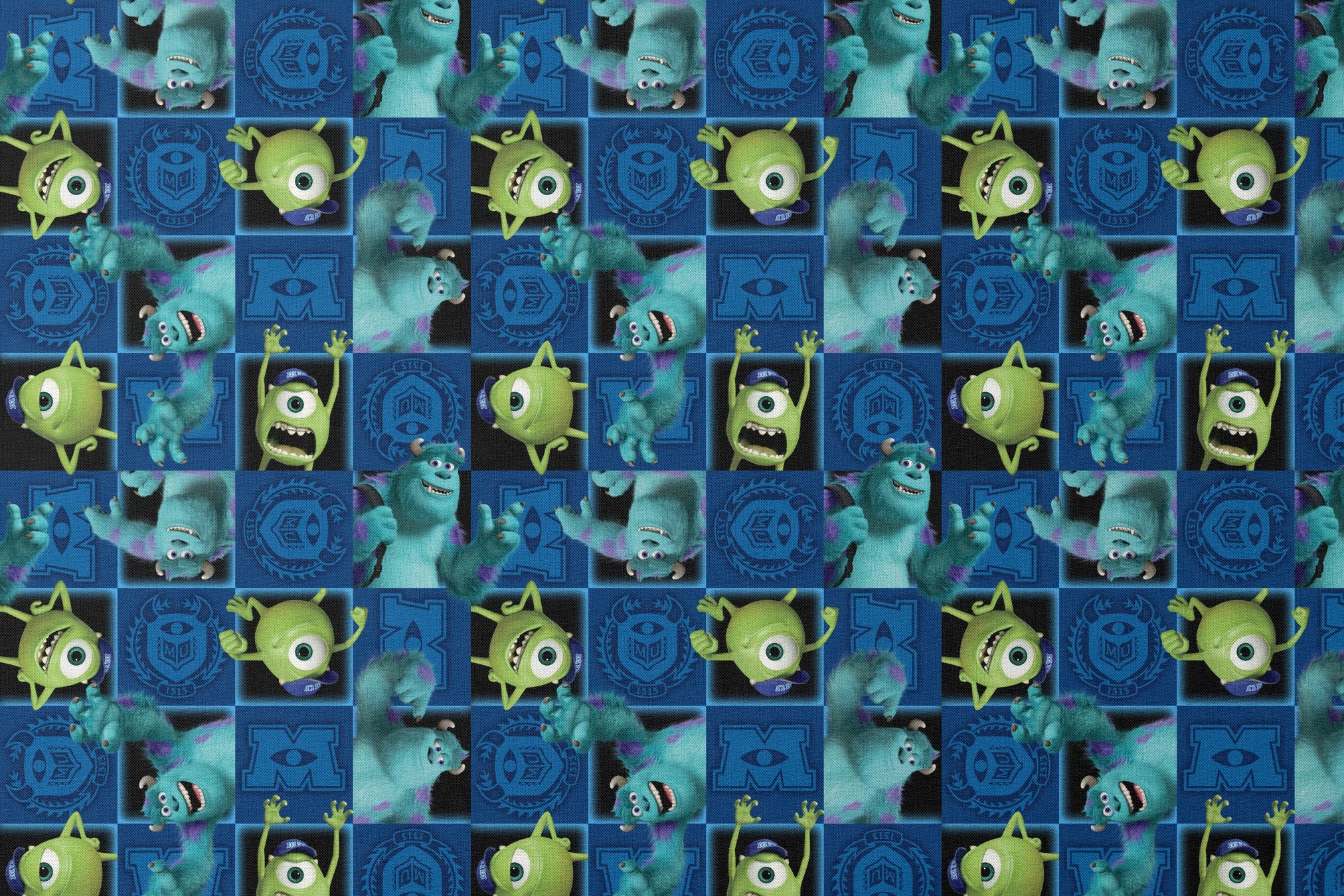 Monsters Inc characters pattern with Mike and Sulley on blue background with logos and emblems designs flat mockup