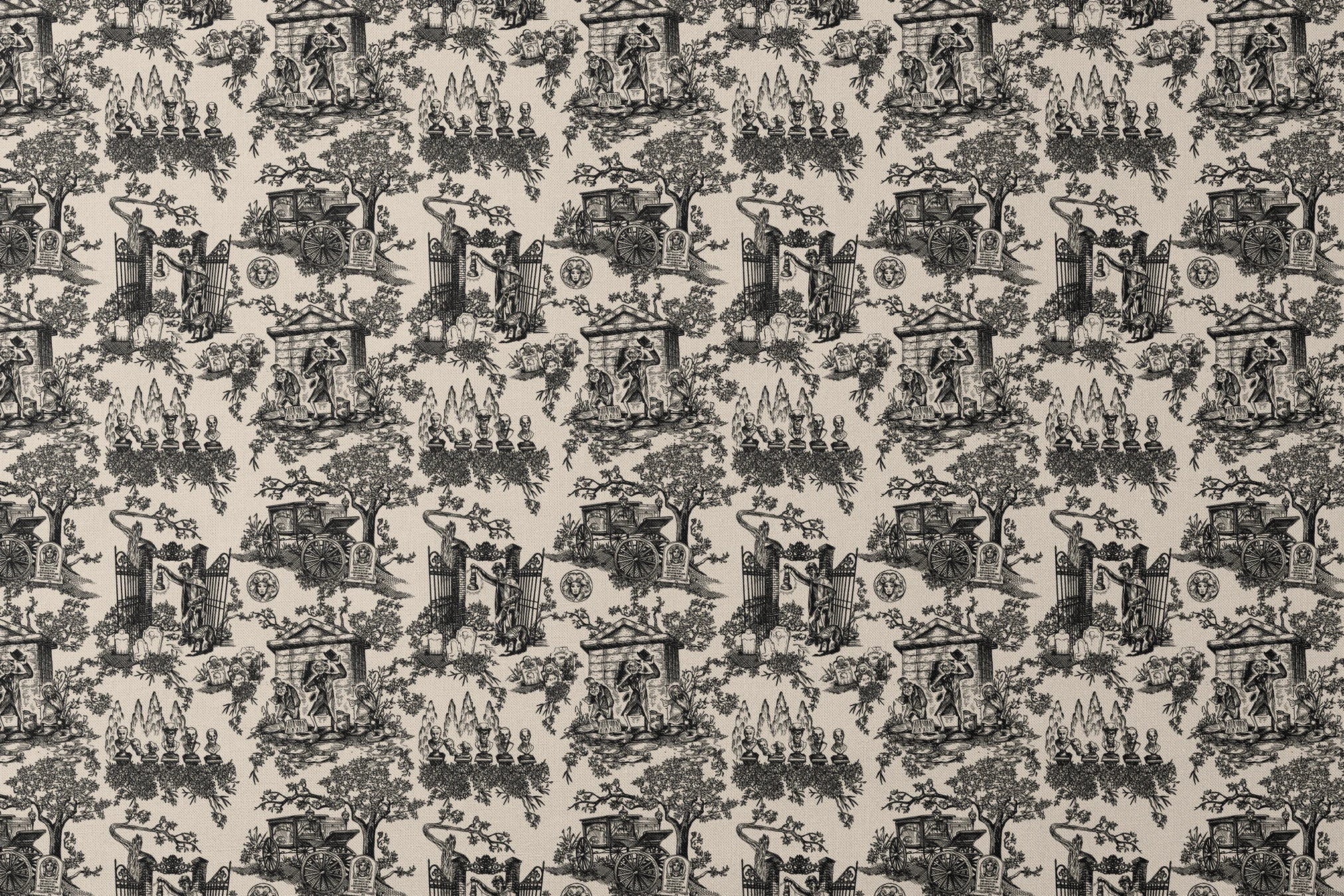 Black and white toile pattern with garden scenes, architectural elements, and decorative figures in a classical style designs flat mockup