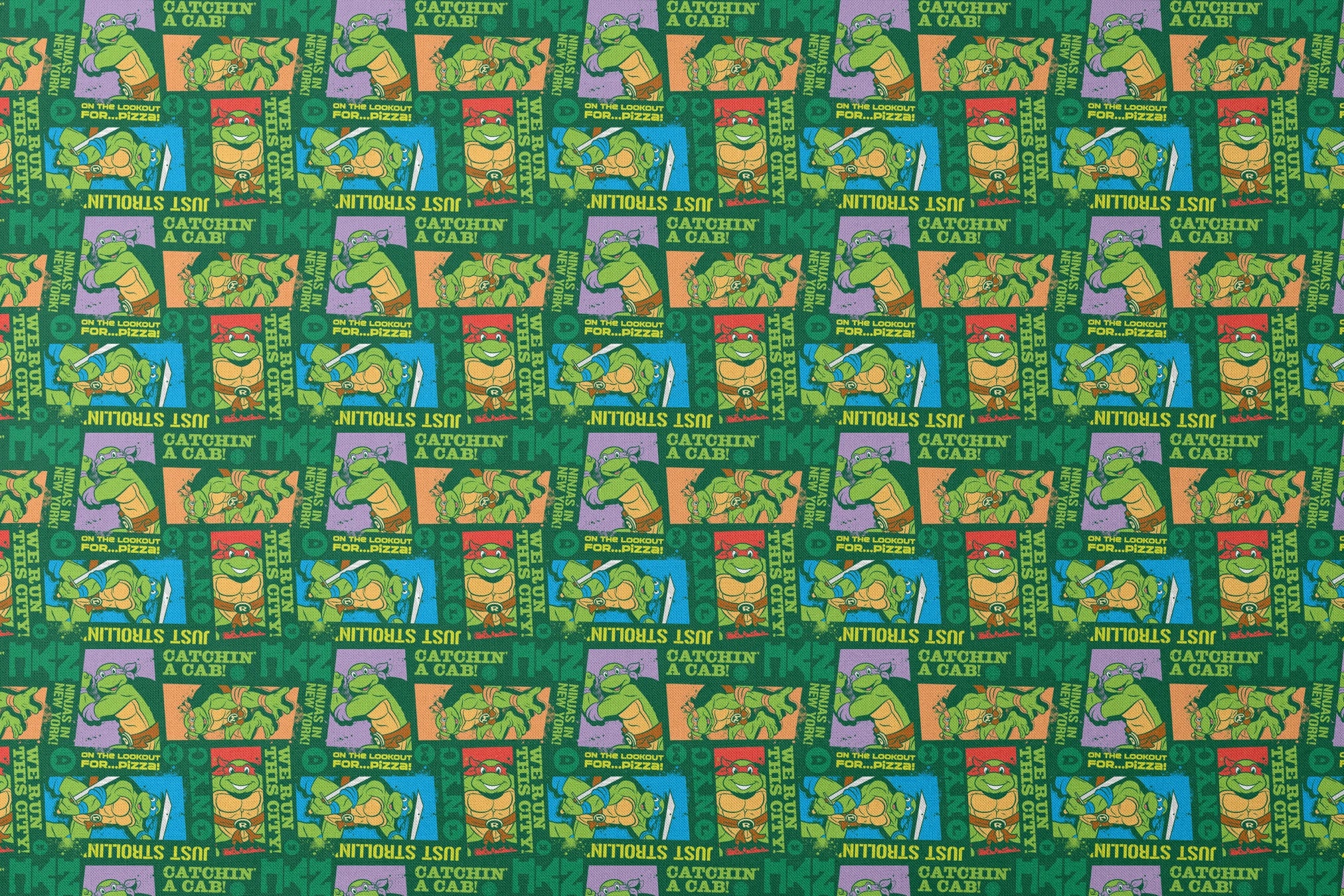 Teenage Mutant Ninja Turtles comic-style panels with phrases like "Catchin' a cab!" and "On the lookout for pizza!" on green background designs flat mockup