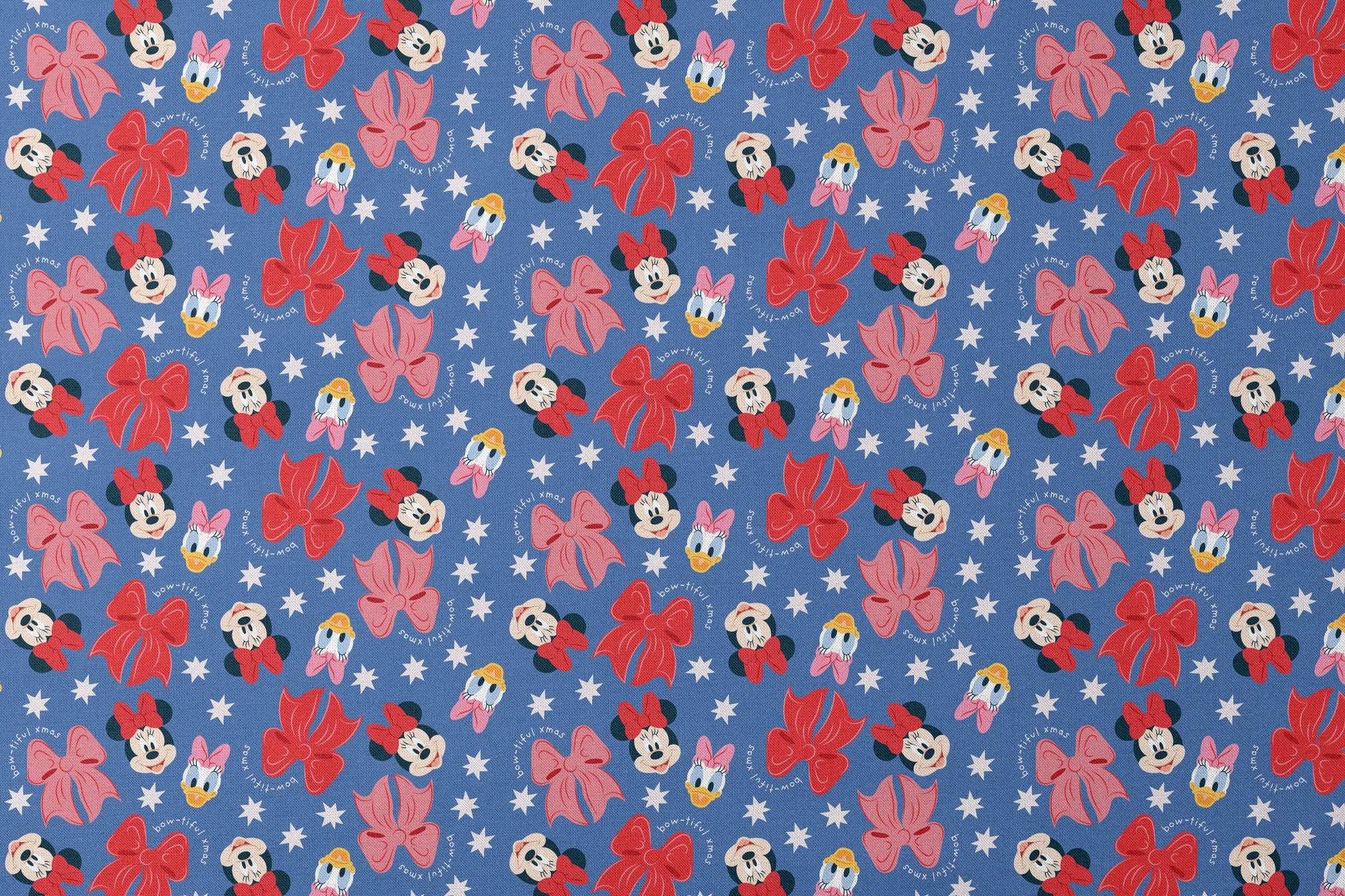 Disney character pattern with Minnie Mouse, Daisy Duck, and pink/red bows on blue background with white stars designs flat mockup