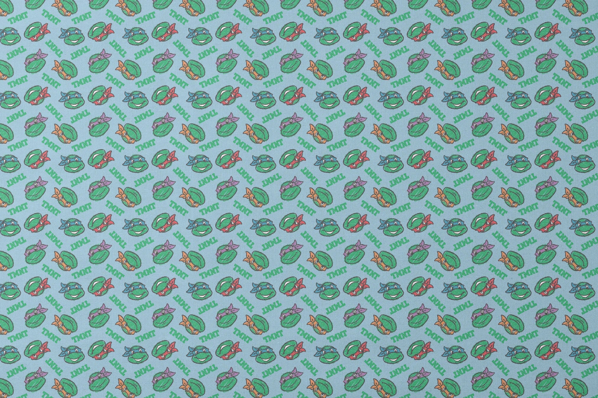 Cartoon pattern of Teenage Mutant Ninja Turtles faces with colored masks on light blue background designs flat mockup