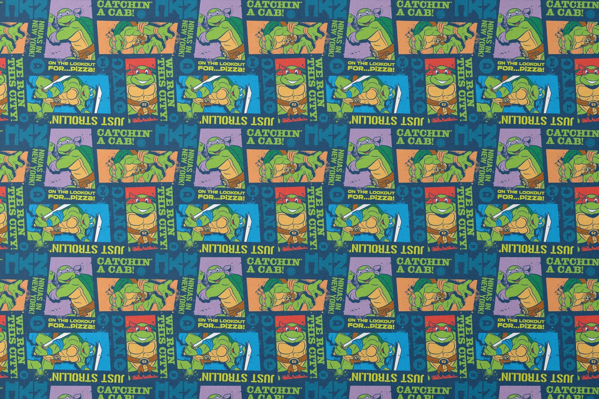 Teenage Mutant Ninja Turtles comic-style panels with characters in action poses and phrases like "Catchin' a Cab!" and "On the Lookout for Pizza! designs flat mockup