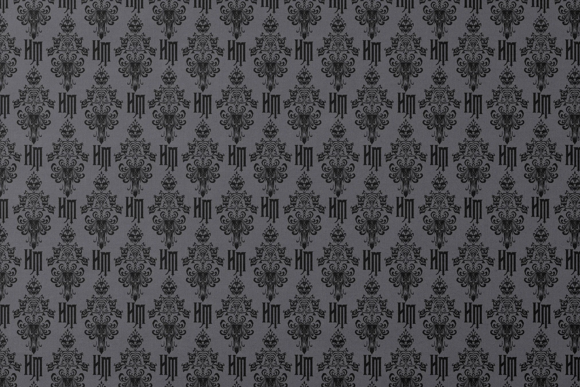 Dark gray background with black ornate damask pattern featuring decorative flourishes and monogram elements designs flat mockup