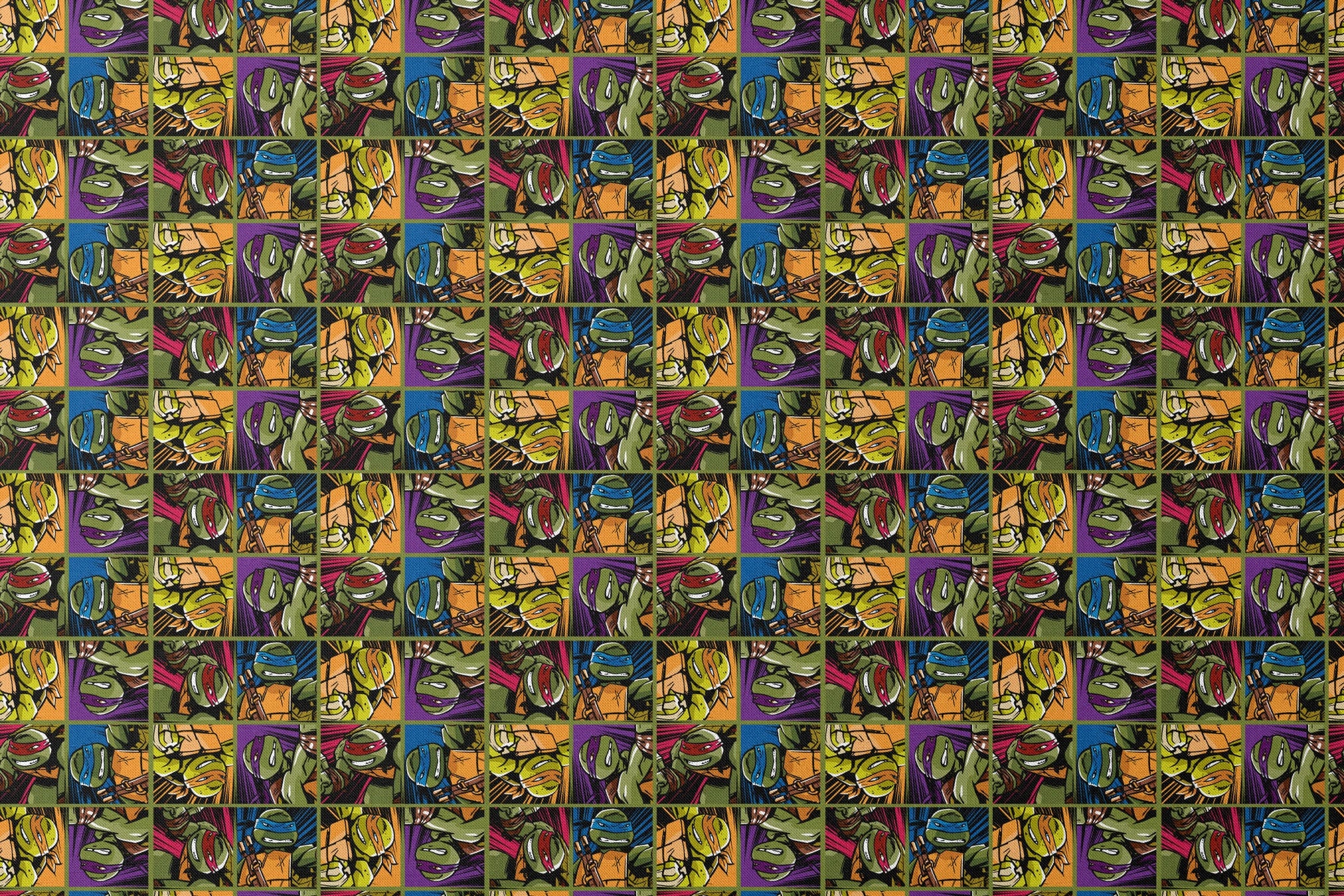 Colorful grid pattern of Teenage Mutant Ninja Turtles characters with various expressions and colored masks designs flat mockup