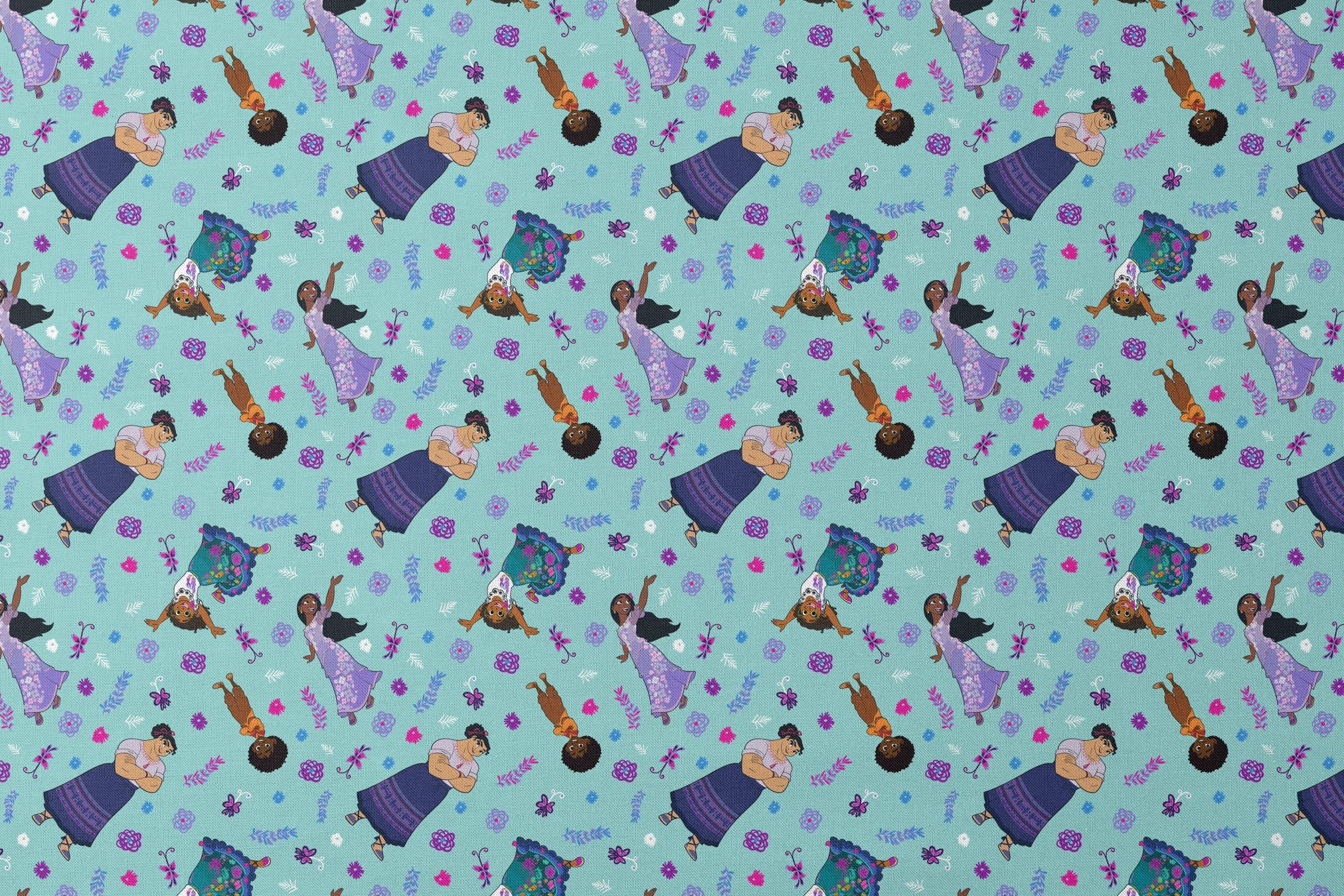 Colorful pattern with figures in traditional clothing, butterflies, and floral elements on teal background designs flat mockup
