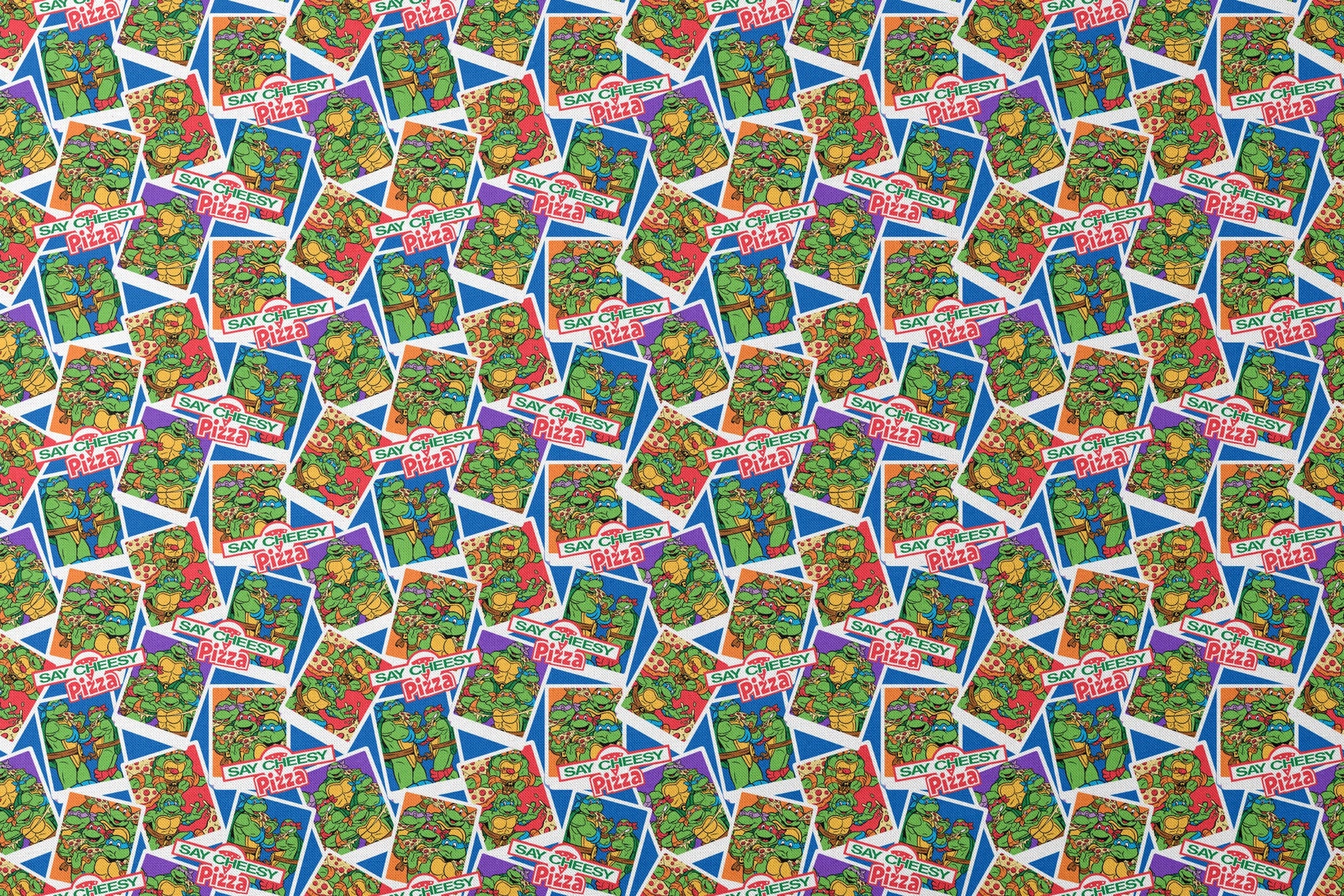 Colorful collage of Teenage Mutant Ninja Turtles cartoon characters with "Say Cheesy Pizza" text on vibrant background designs flat mockup
