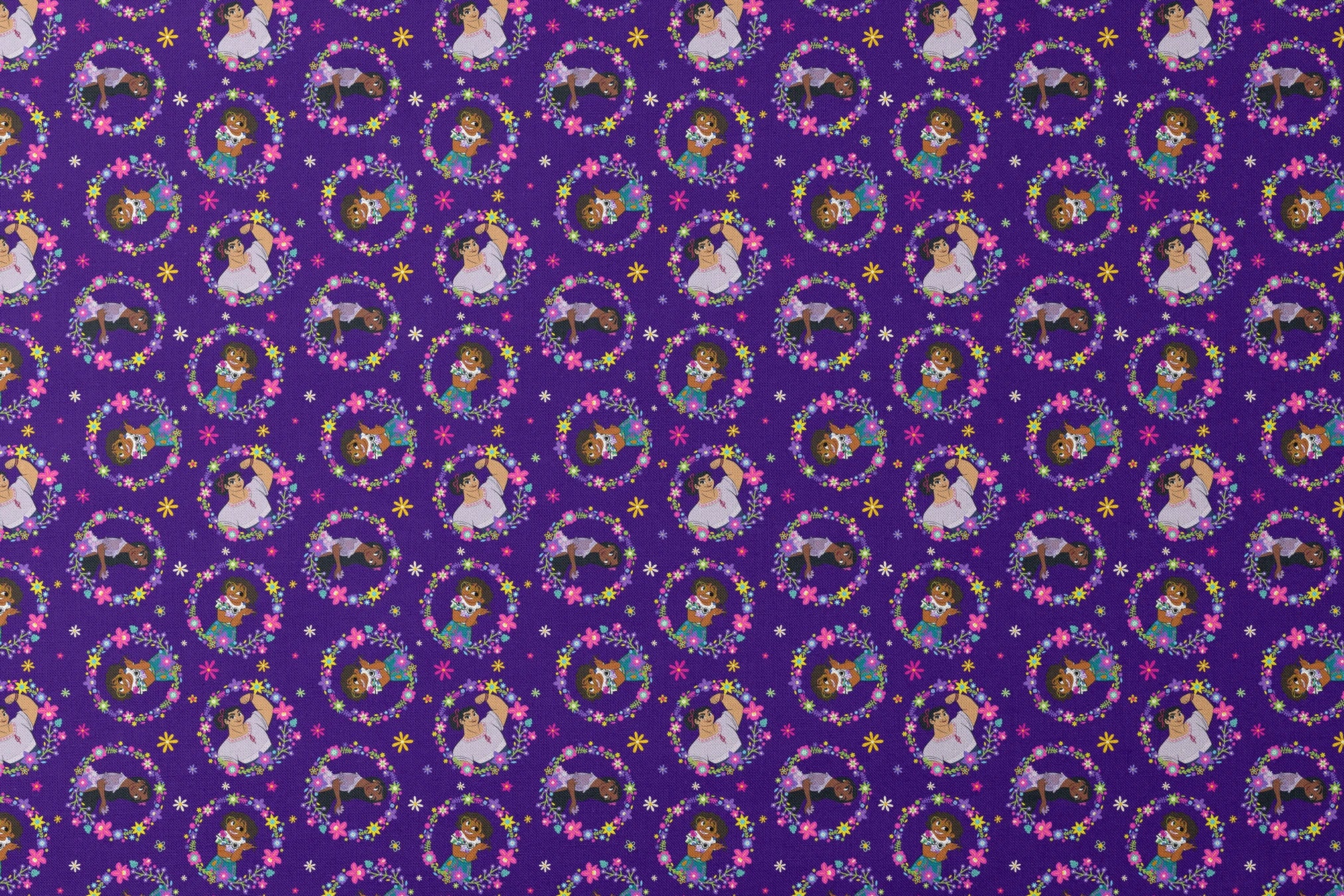 Colorful cartoon characters in floral wreaths pattern on deep purple background with stars designs flat mockup