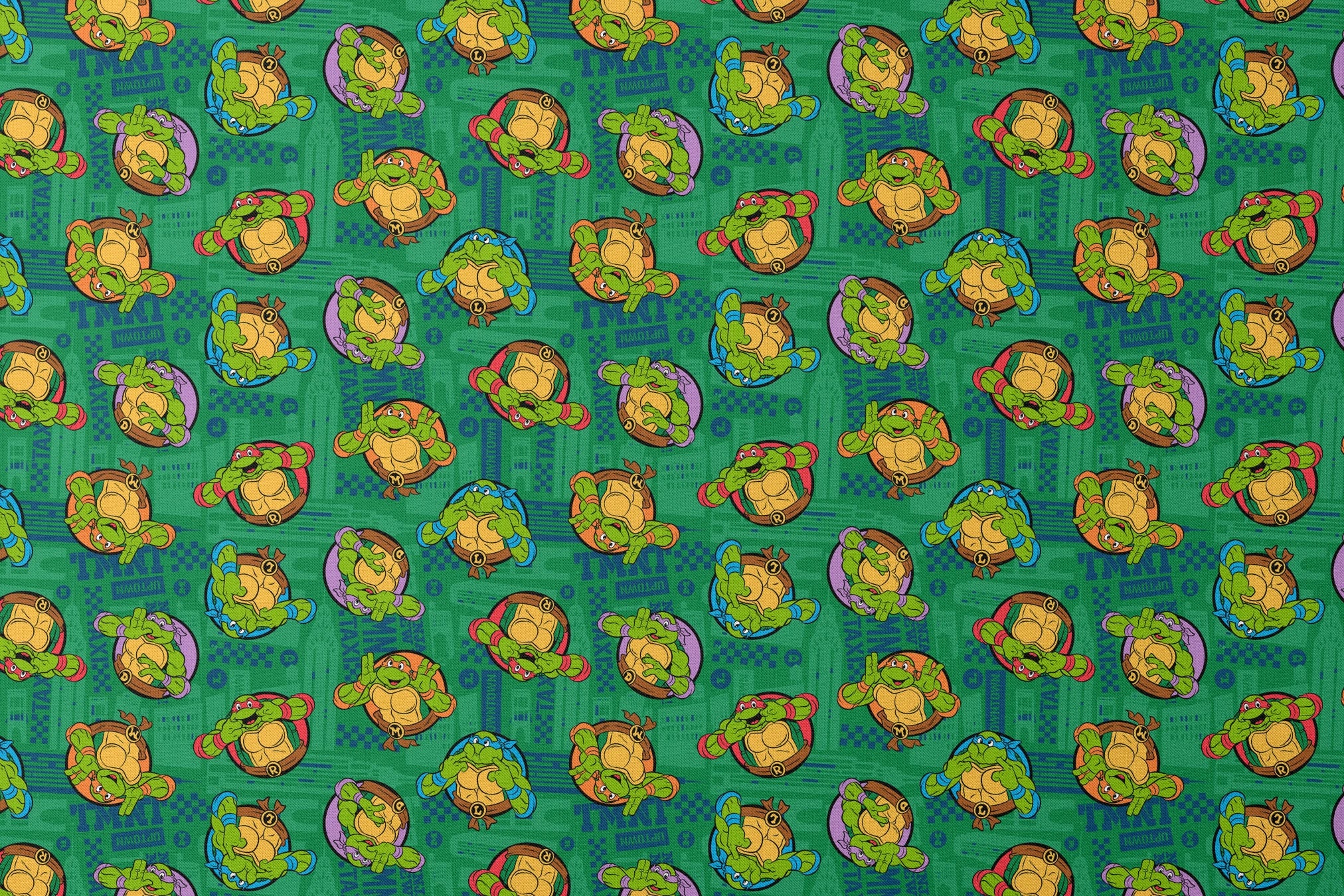 Teenage Mutant Ninja Turtles cartoon characters on green patterned background designs flat mockup