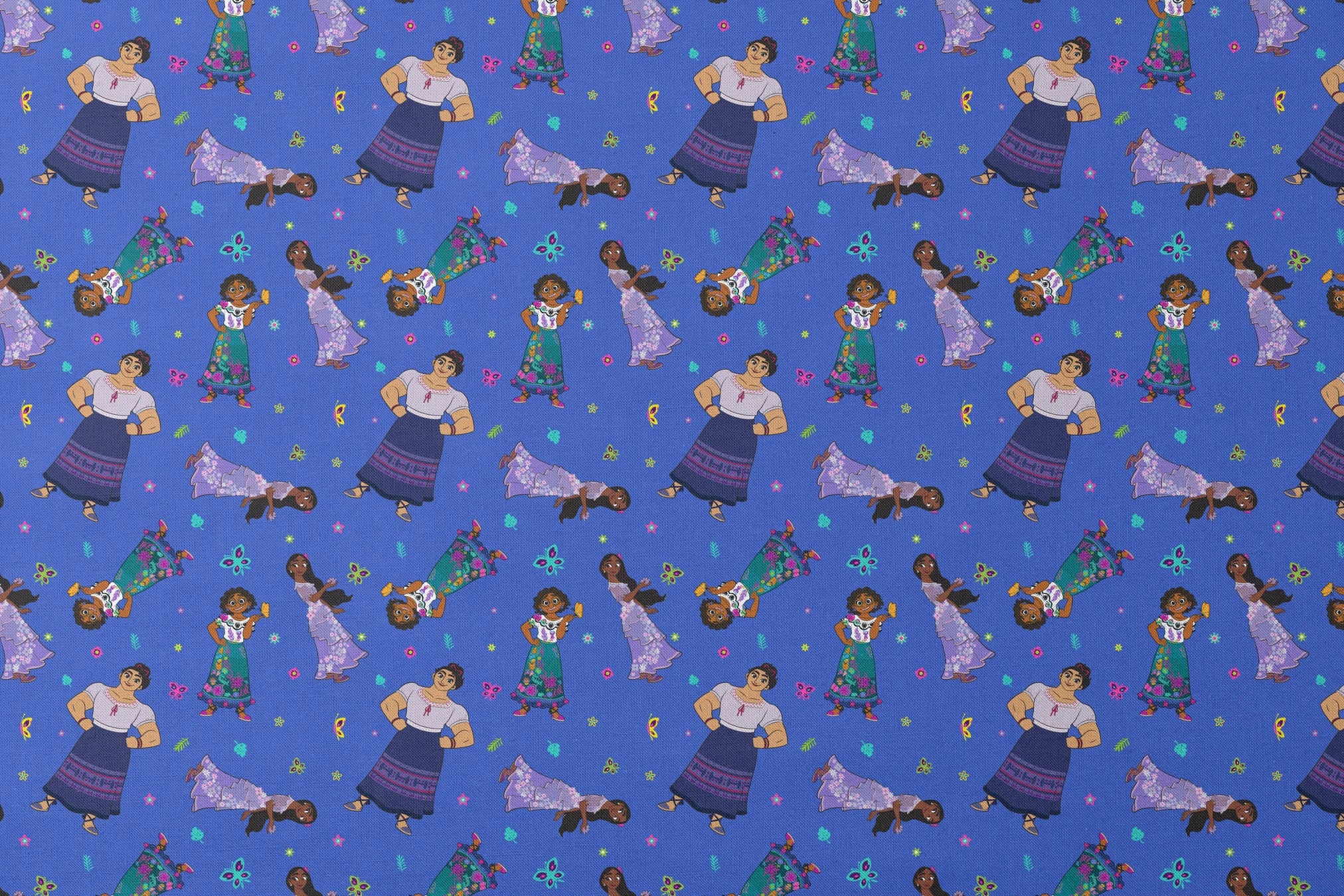 Colorful cartoon figures in traditional clothing floating on vibrant blue background with butterflies and flowers designs flat mockup