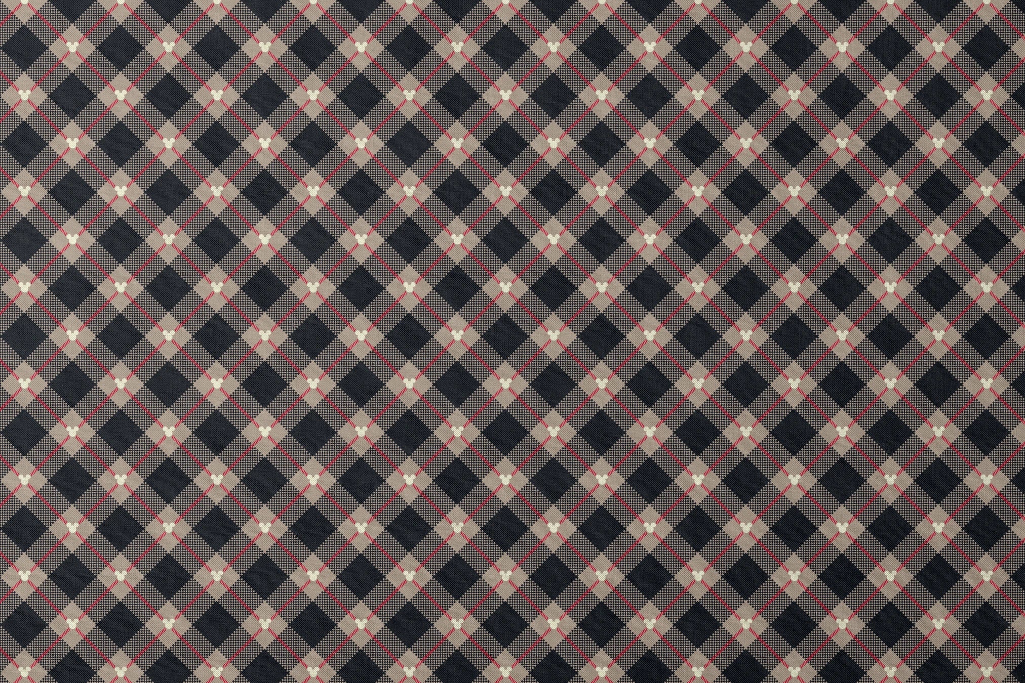 Diagonal plaid pattern with navy, beige, red stripes, checkered sections and small white circular details designs flat mockup