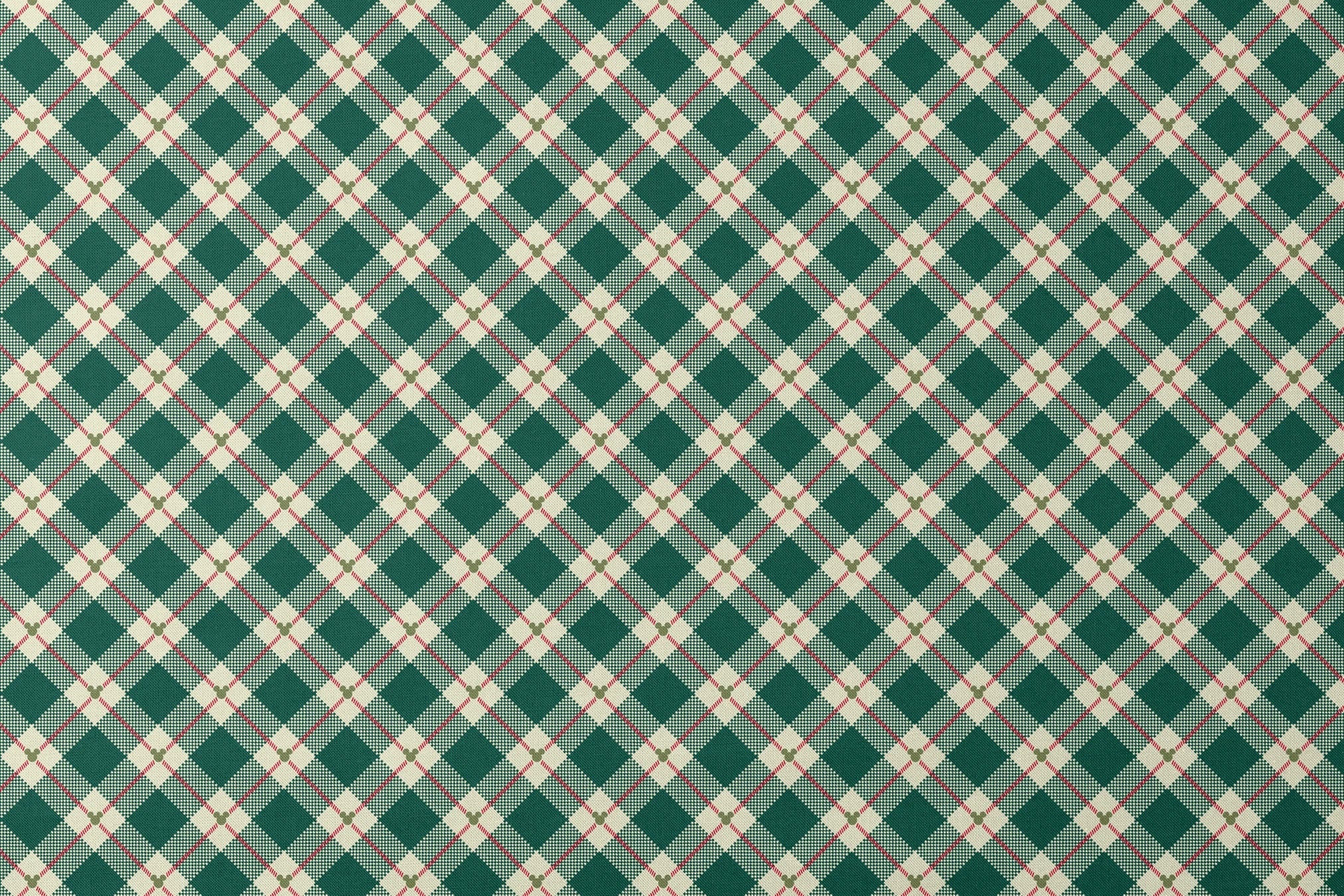 Diagonal green and cream plaid pattern with small Mickey Mouse silhouettes at intersections of red stripes designs flat mockup