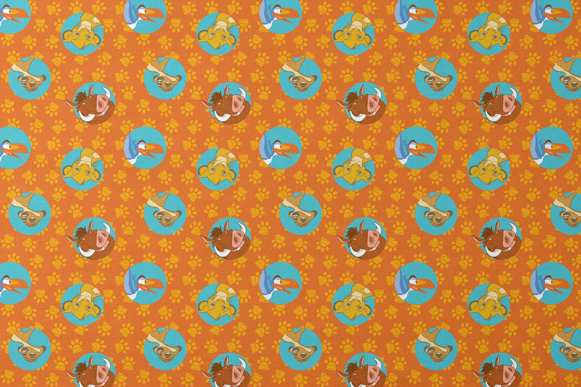 Cartoon animal characters in blue circles on orange background with yellow paw prints pattern designs flat mockup