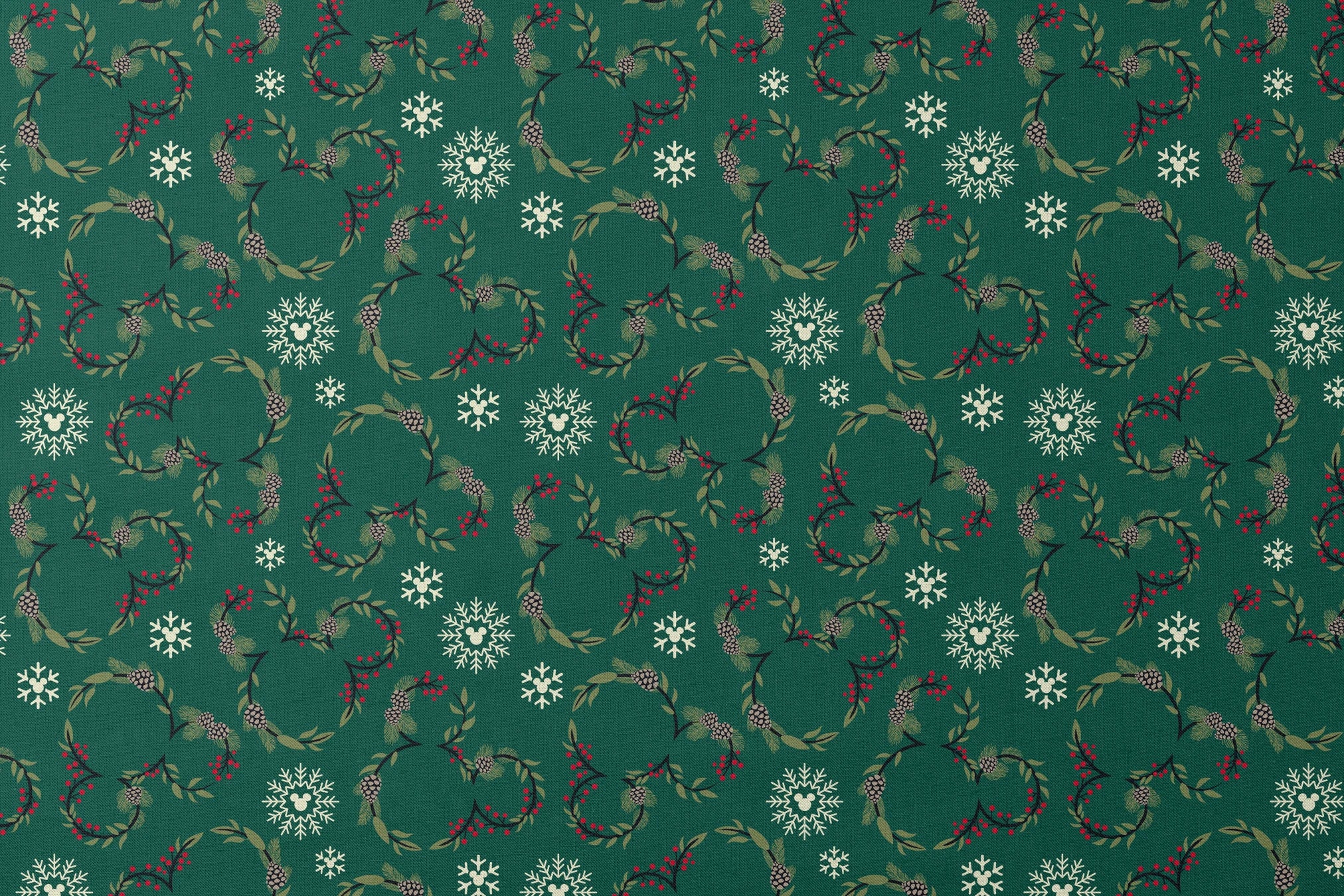 Holiday pattern with green wreaths, pinecones, red berries and white snowflakes on dark green background designs flat mockup