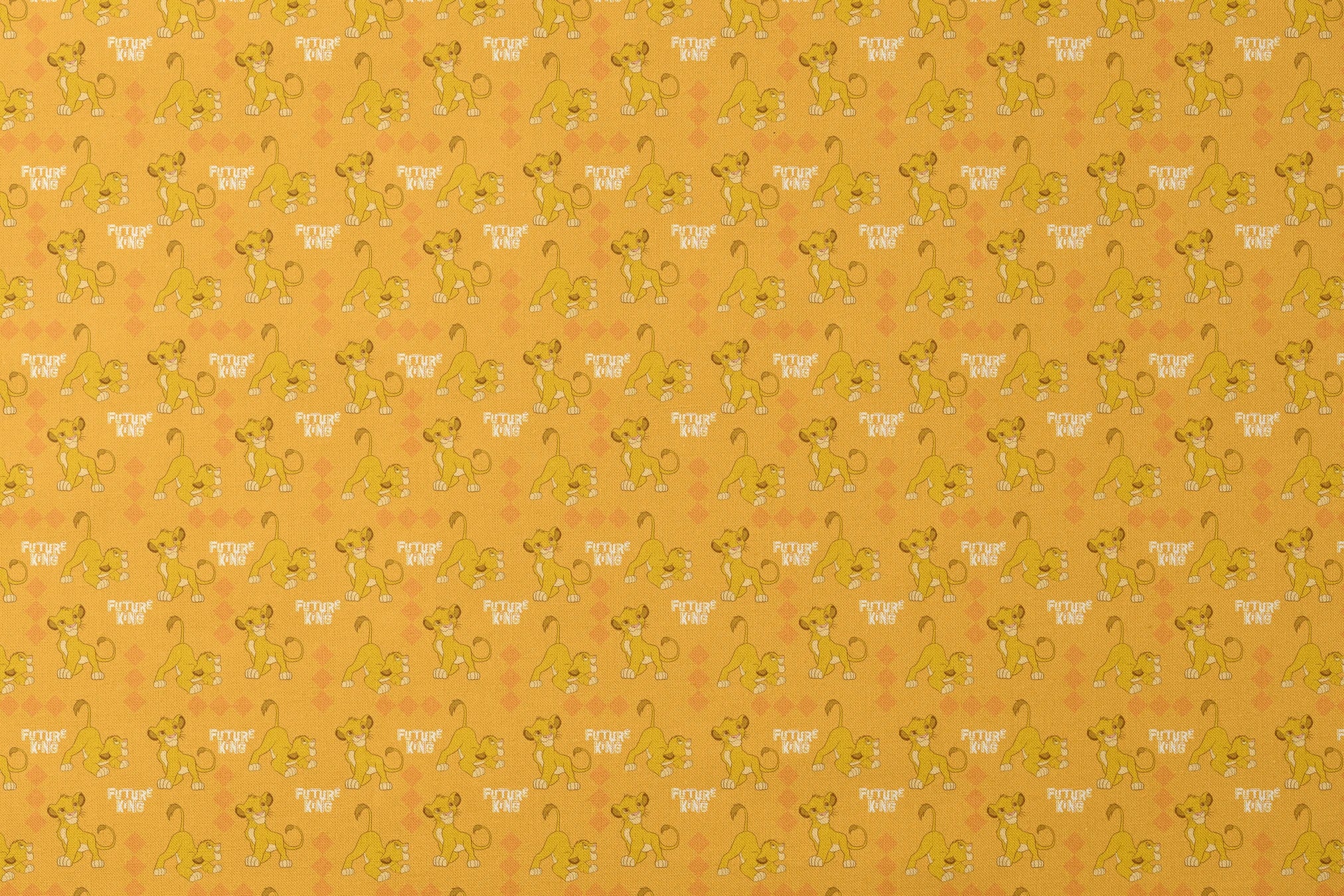 Young lion cub cartoon pattern on orange diamond background with "Future King" text designs flat mockup