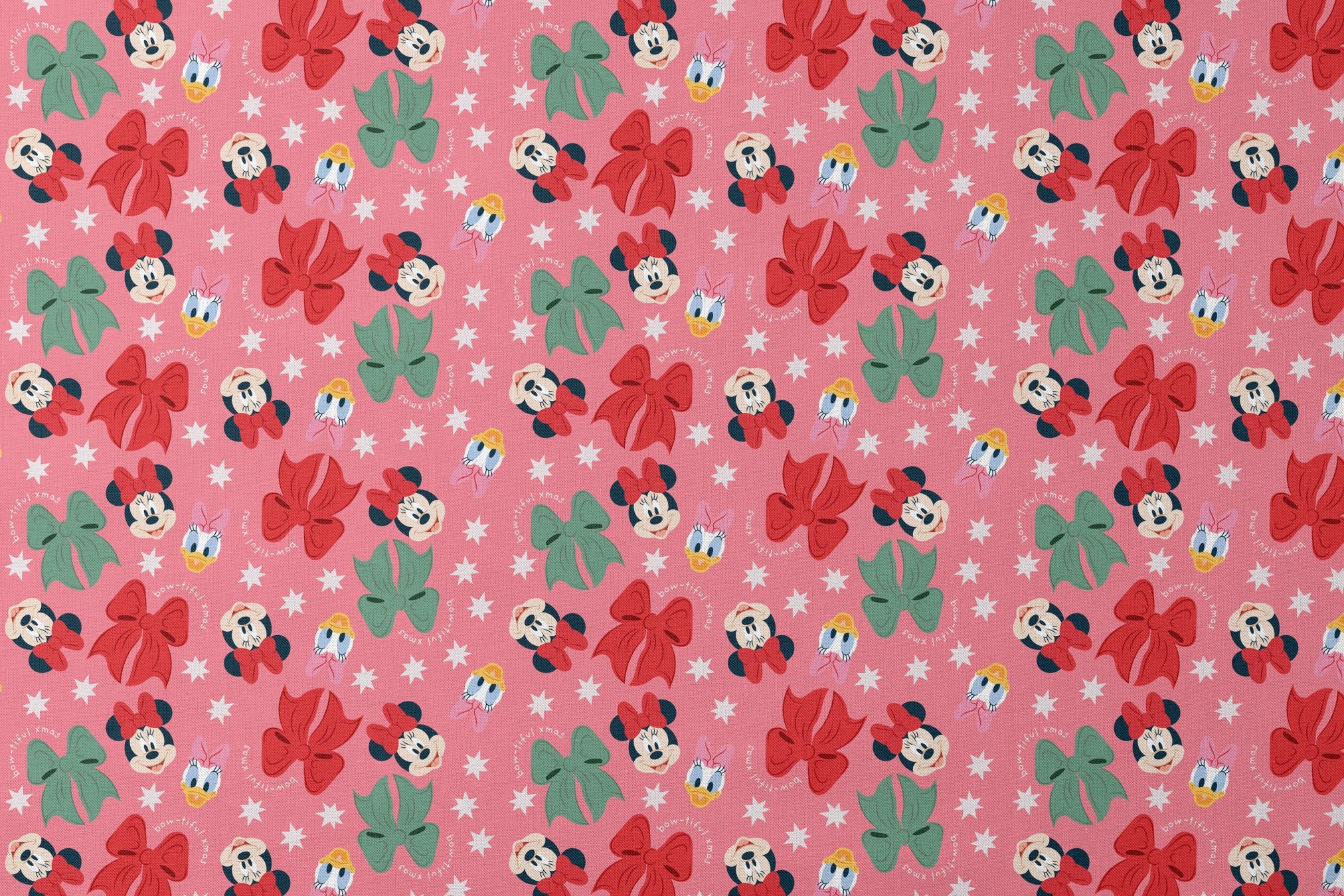 Disney character pattern with Mickey and Minnie Mouse, Donald Duck, bows in red and green on pink background with white stars designs flat mockup
