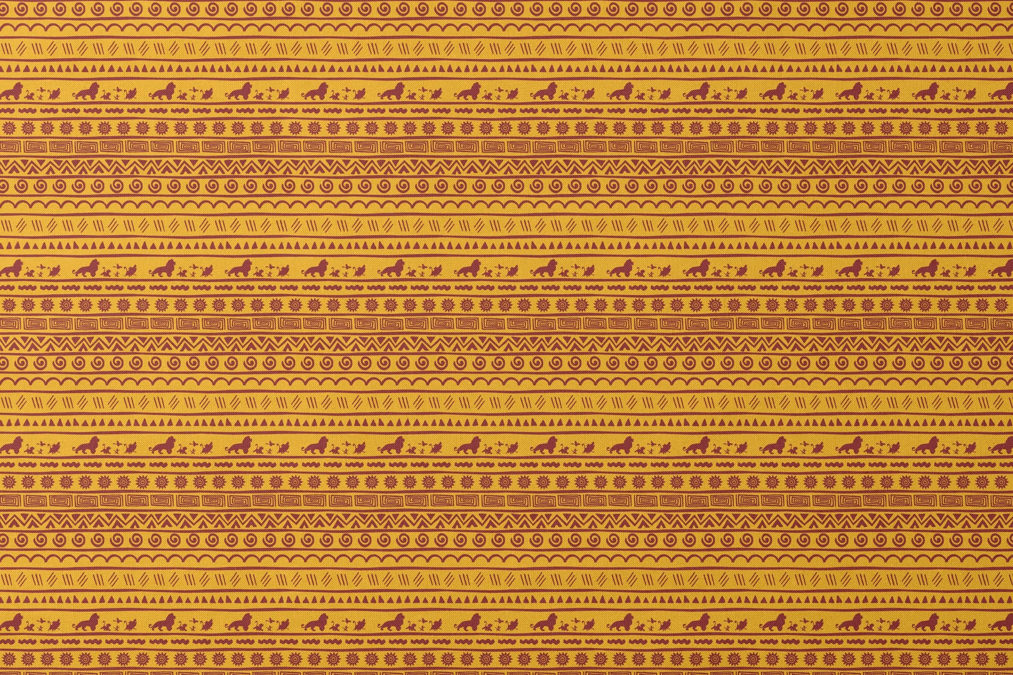 Traditional African pattern in yellow and maroon with spirals, lions, geometric designs, and sun symbols arranged in horizontal bands designs flat mockup