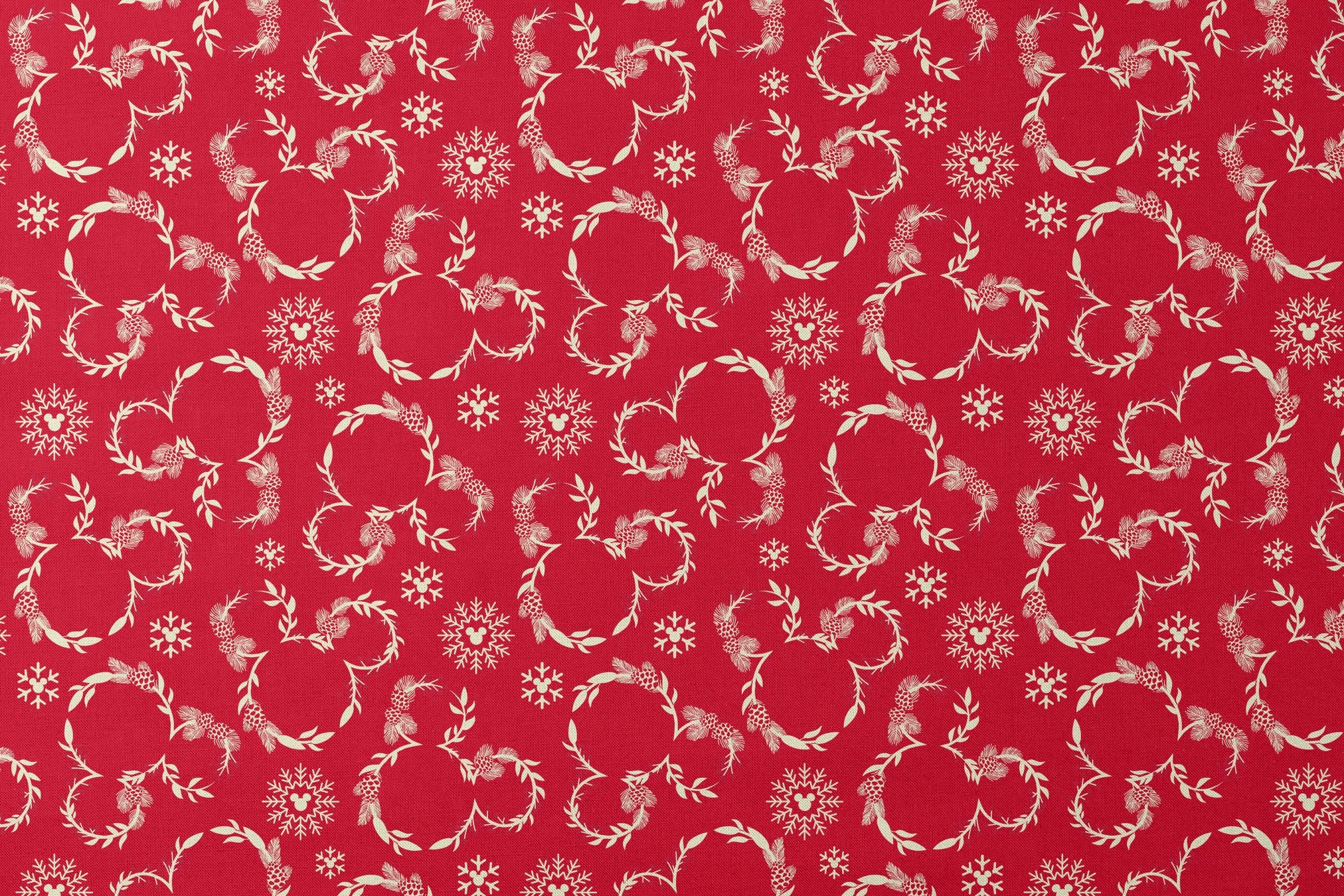 Festive red background with white floral wreaths, pine cones, and snowflake patterns designs flat mockup