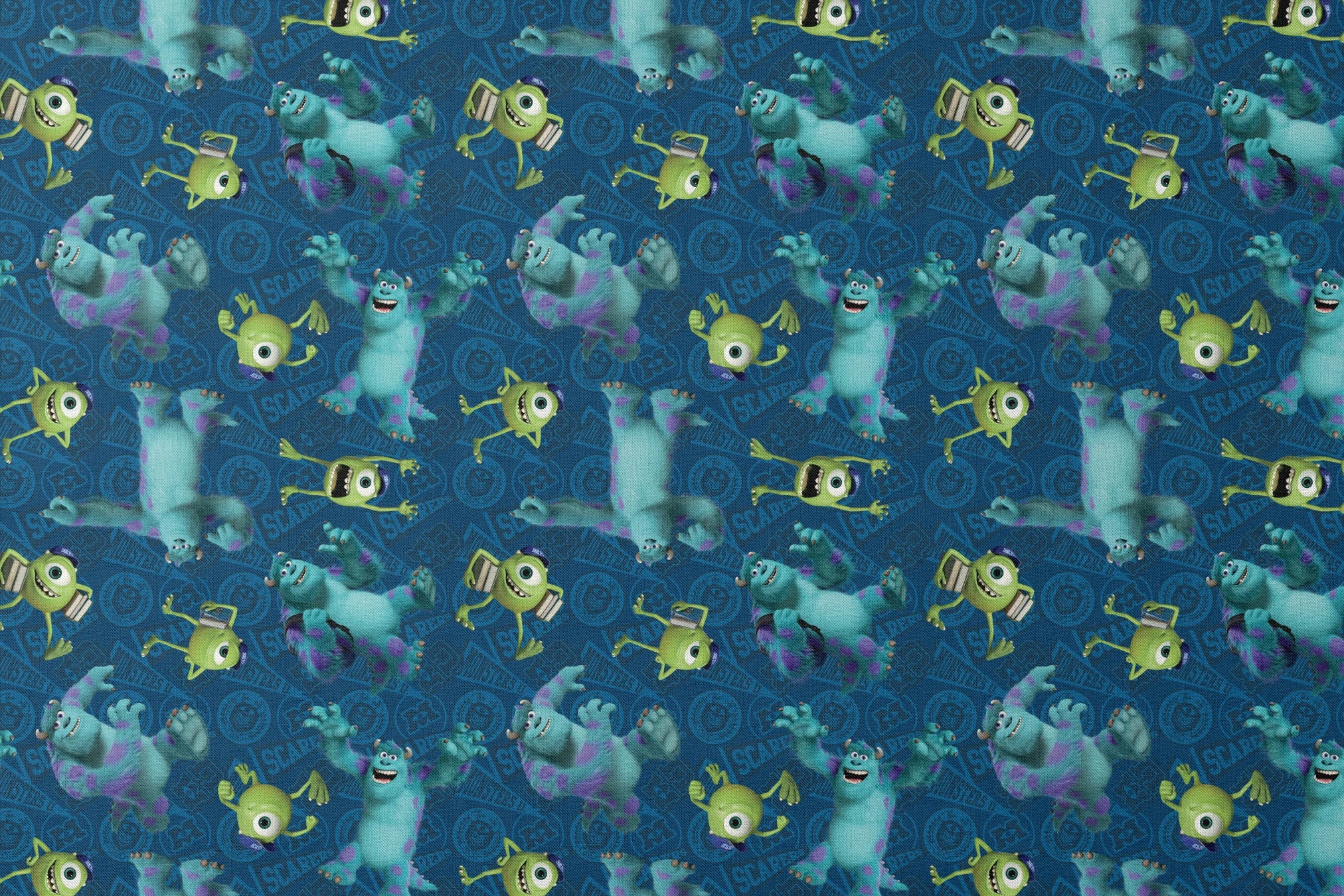 Monsters Inc characters pattern with Mike Wazowski and Sully on blue background designs flat mockup