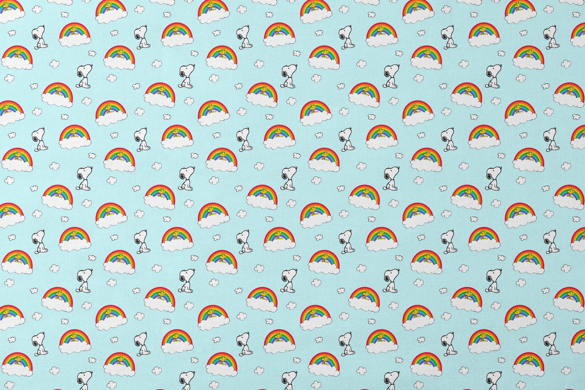 Snoopy and Woodstock characters on light blue background with rainbows, clouds and white fluffy clouds designs flat mockup