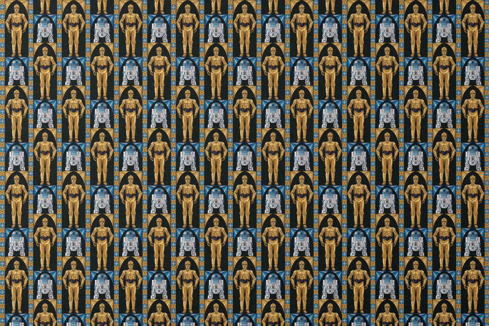 Repeating pattern of golden droid and blue-white astromech droid characters from Star Wars on black background with decorative borders designs flat mockup