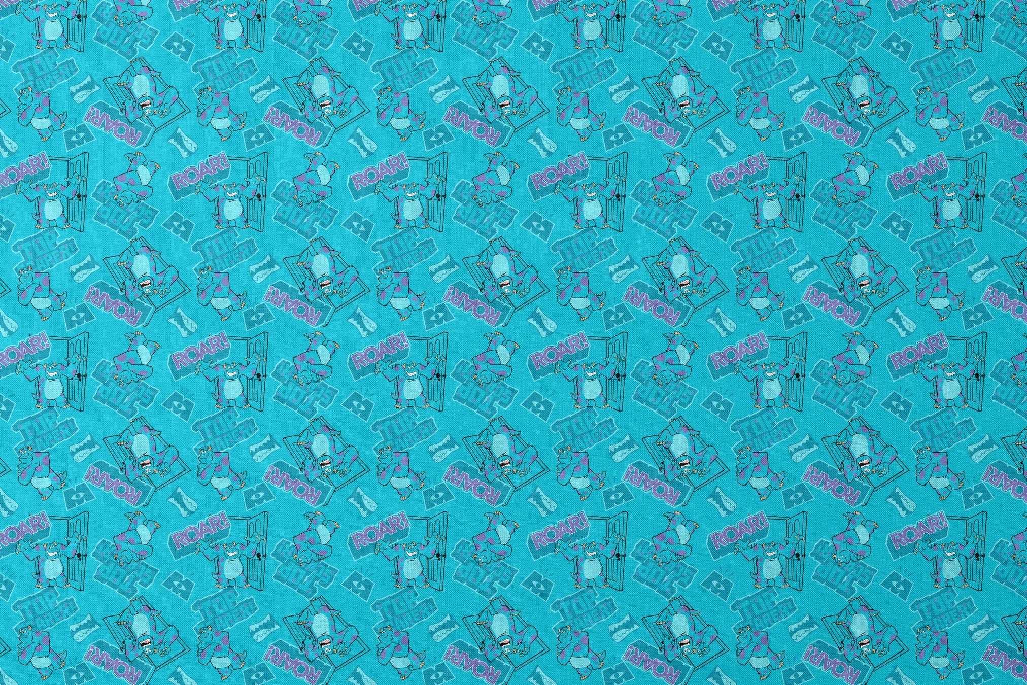 Monsters Inc's Sulley with "Roar" text and doorway motifs from movie designs flat mockup