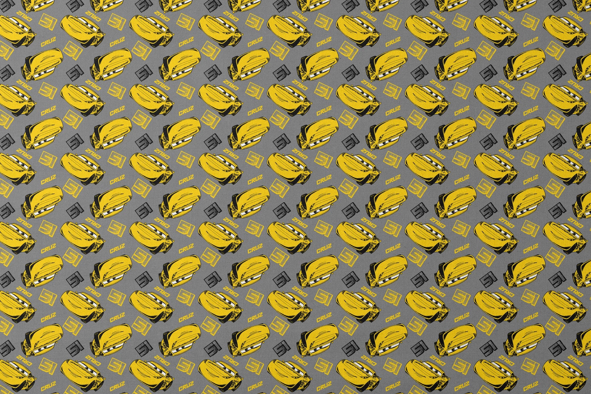 Yellow cartoon race cars with Cruz name on gray background, Cars movie pattern designs flat mockup