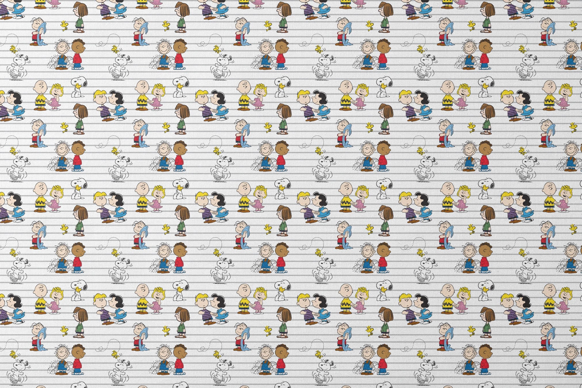 Peanuts cartoon characters on striped background, including Snoopy, Woodstock, and friends with their signature traits and poses. designs flat mockup