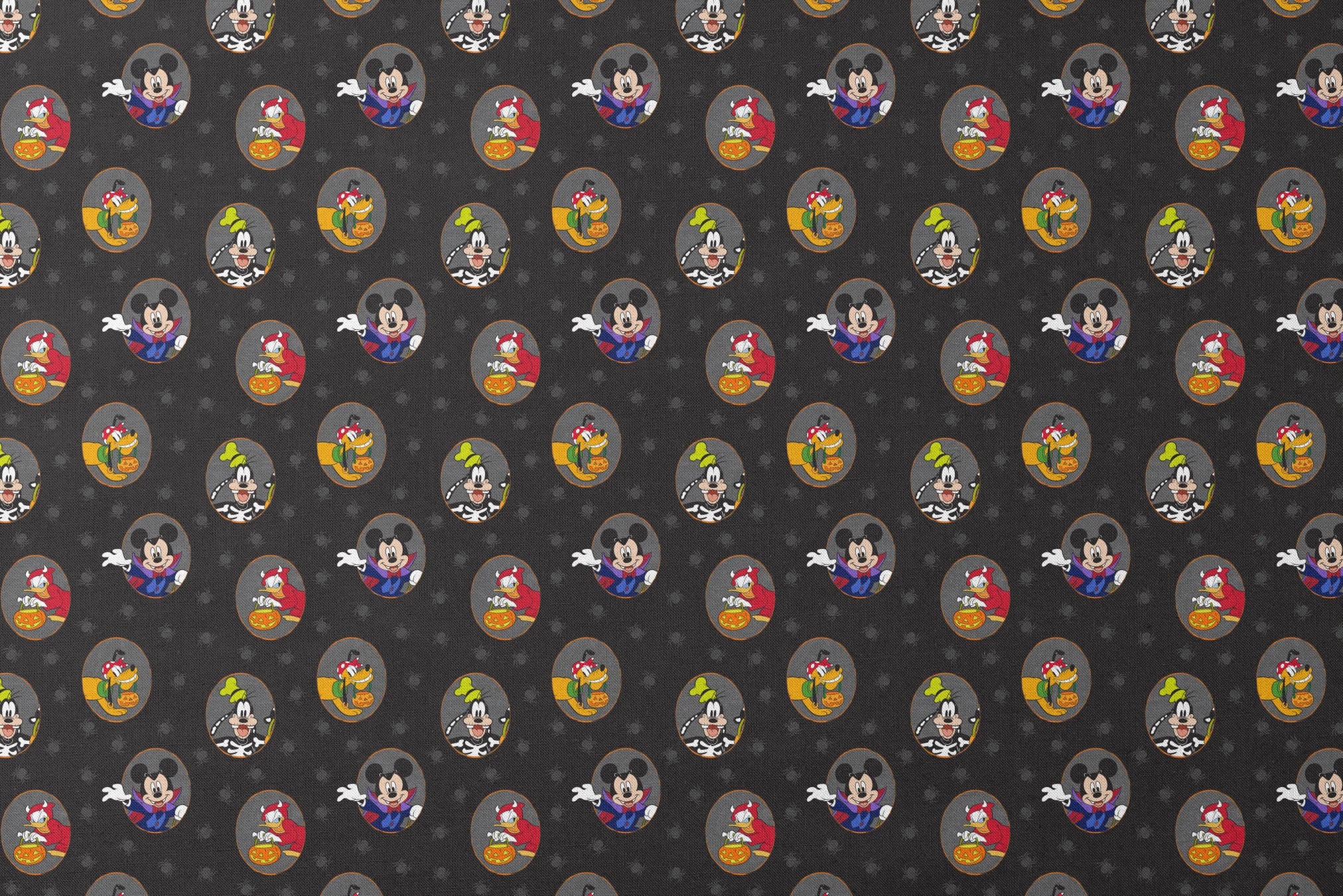 Disney characters in Halloween costumes on black background with spider pattern. Mickey as vampire, Donald with pumpkin, Pluto with candy. designs flat mockup