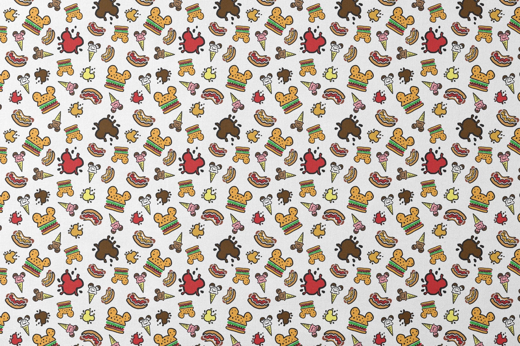 Colorful Disney theme park food icons including Mickey-shaped burgers, ice cream cones, hot dogs and apples on white background designs flat mockup