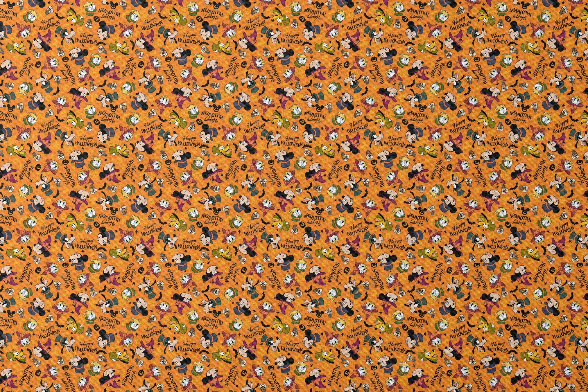 Disney characters in Halloween costumes on orange background with pumpkins and "Happy Halloween" text designs flat mockup
