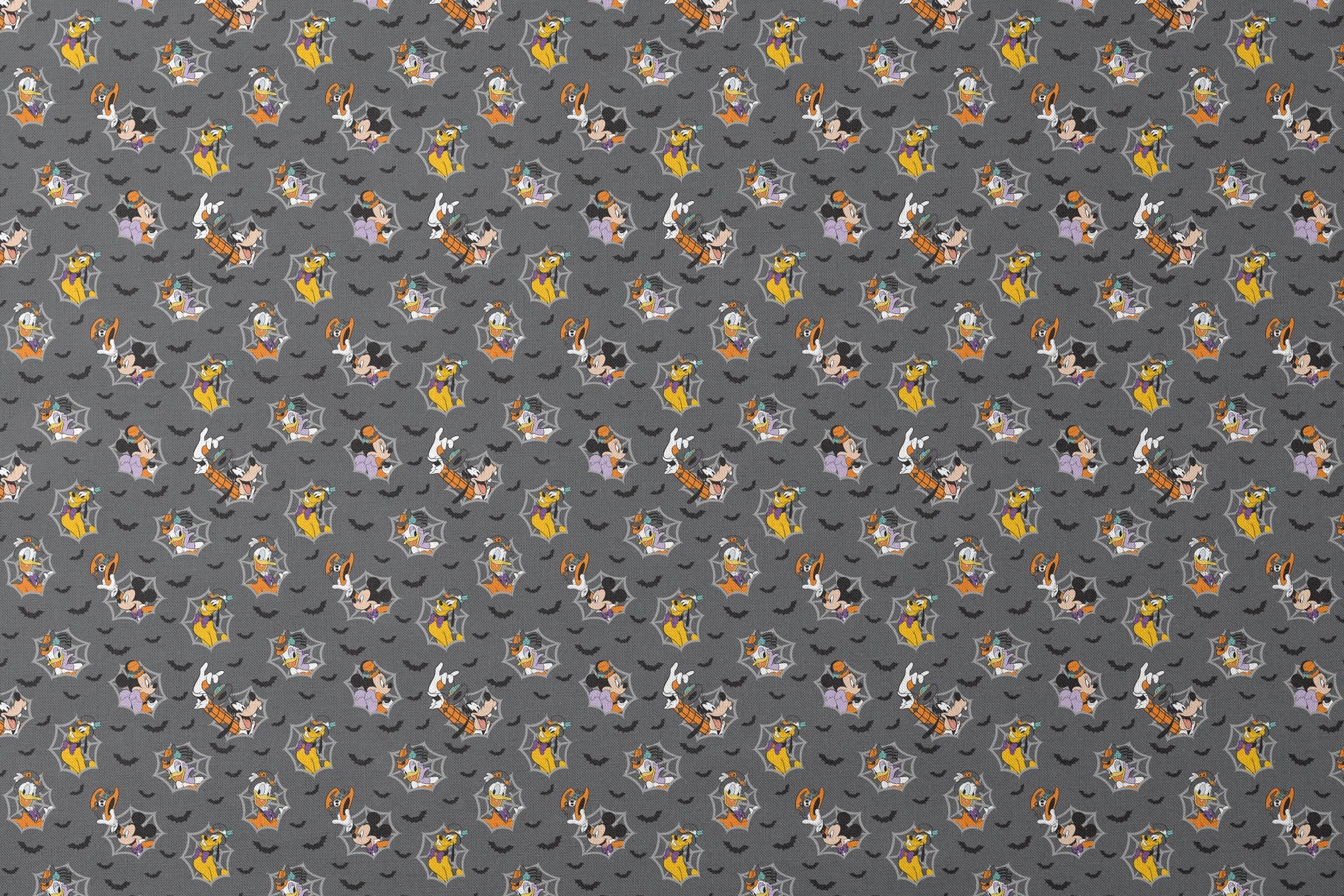 Disney cartoon characters in Halloween costumes on gray background with spider webs and bats designs flat mockup